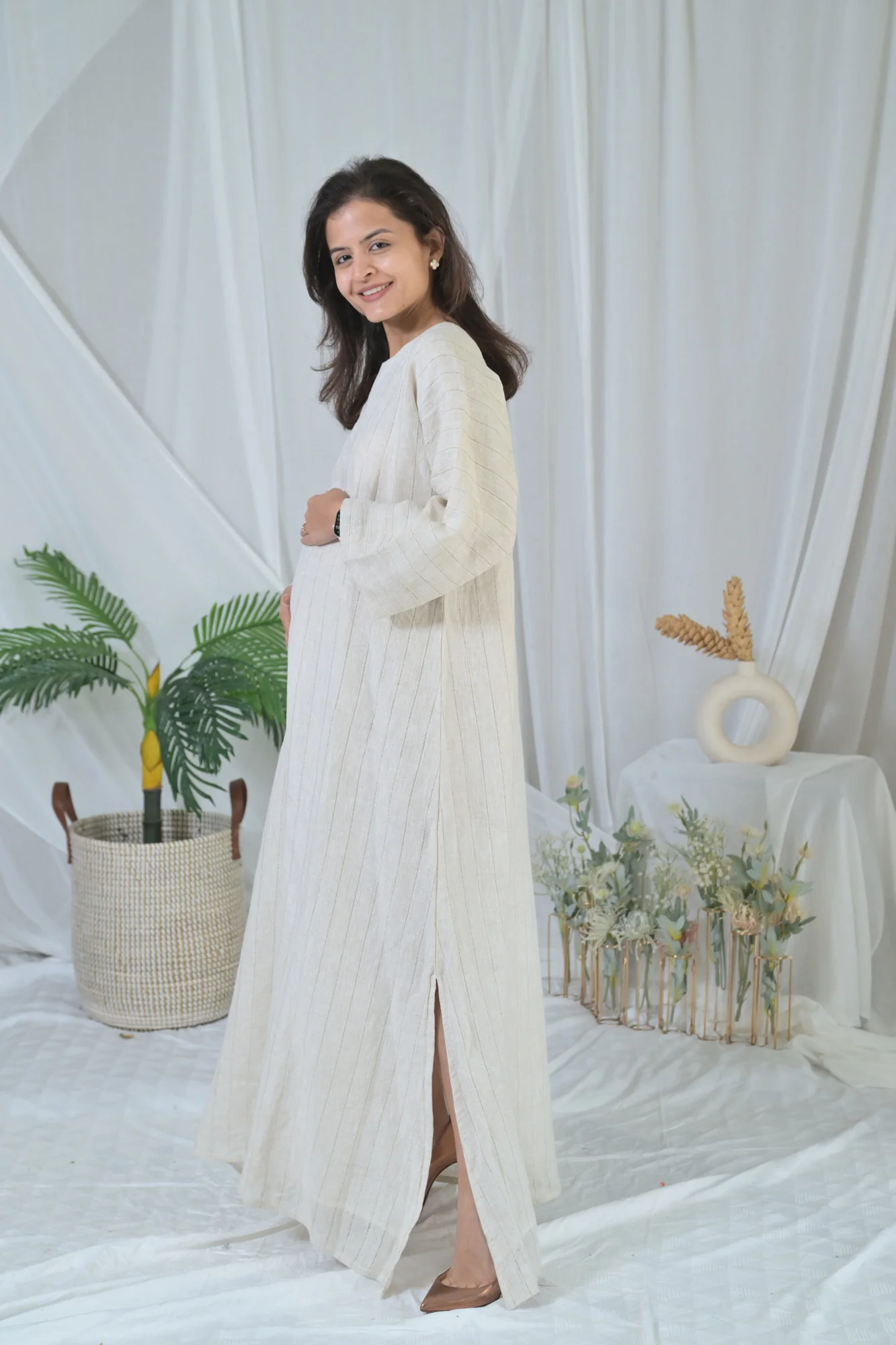 Luxe Graceful Beige Long Maternity Linen Dress - Chenance