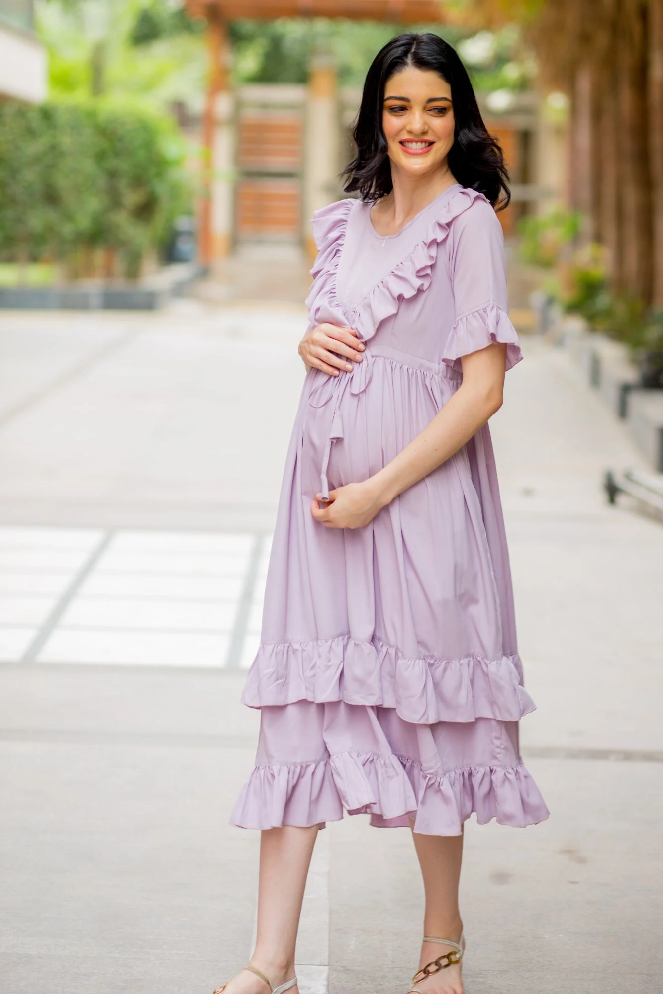 Lavender Front Frill Maternity & Nursing Midi Dress - Chenance