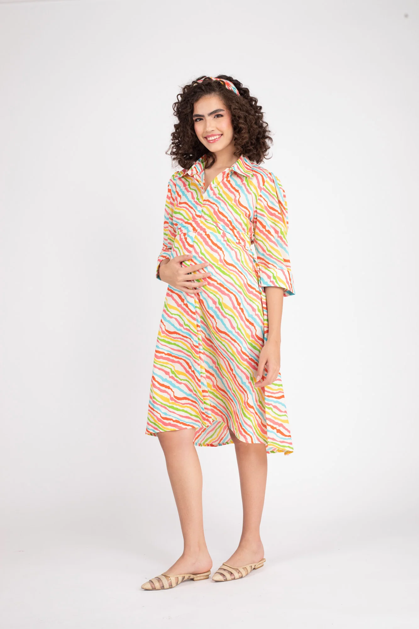 Rainbow Striped Maternity & Nursing Knee Shirt Dress (100% Cotton) - Chenance
