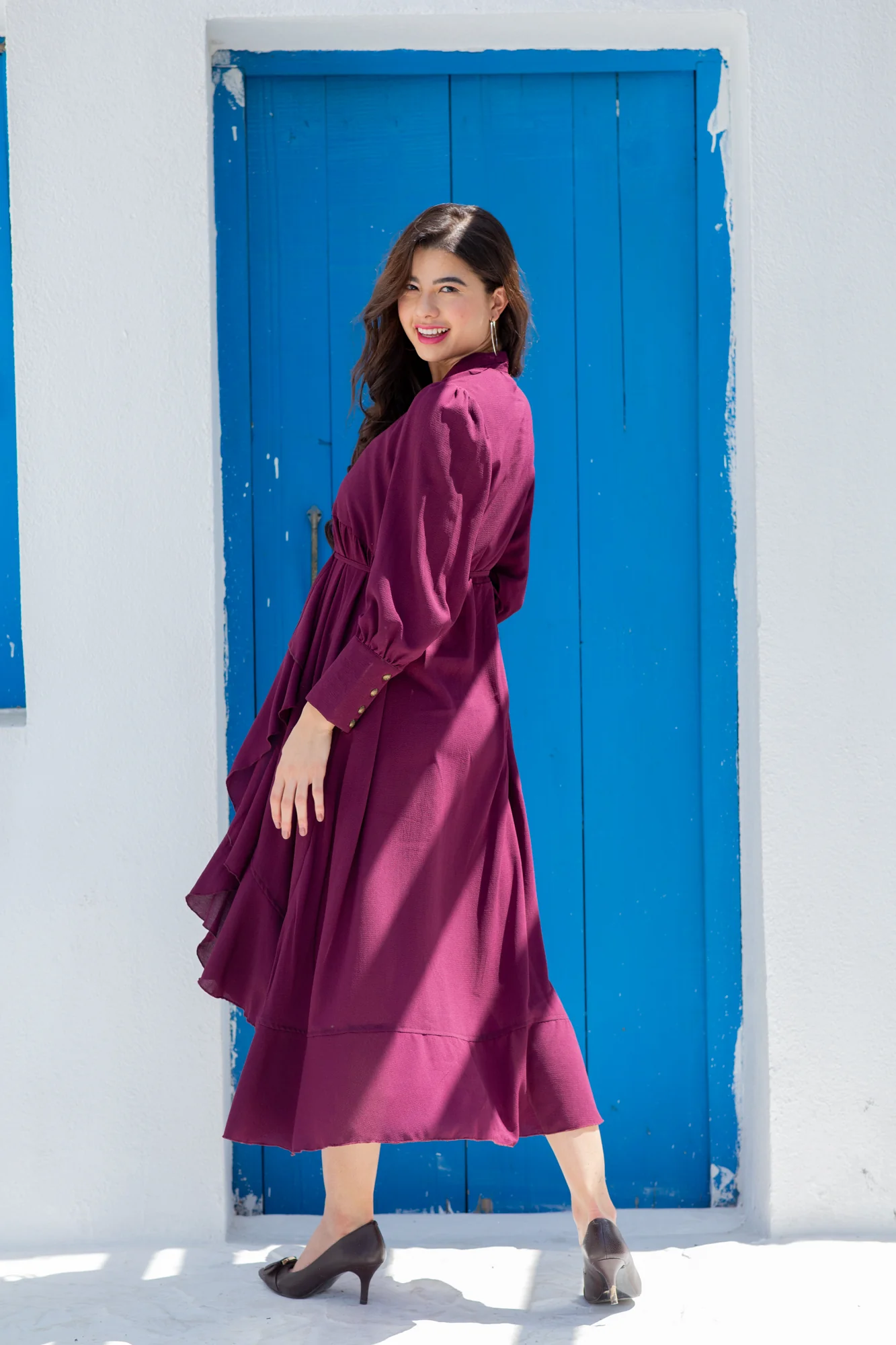 Pretty Wine Maternity & Nursing Hi-Low Frill Dress - Chenance