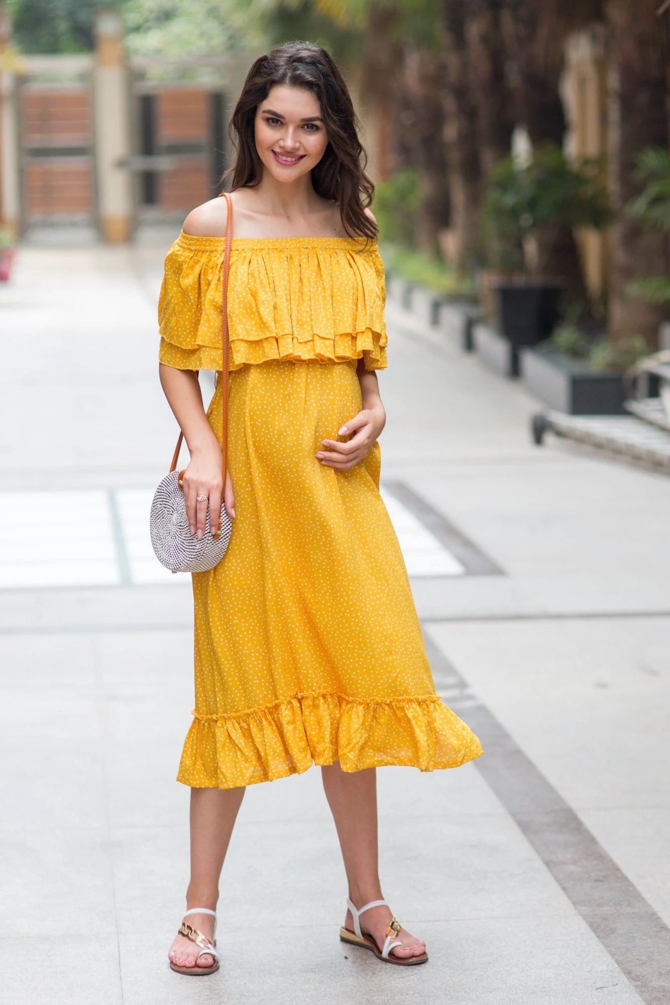Sunrise Mustard Polka Off-Shoulder Maternity Maxi - Chenance