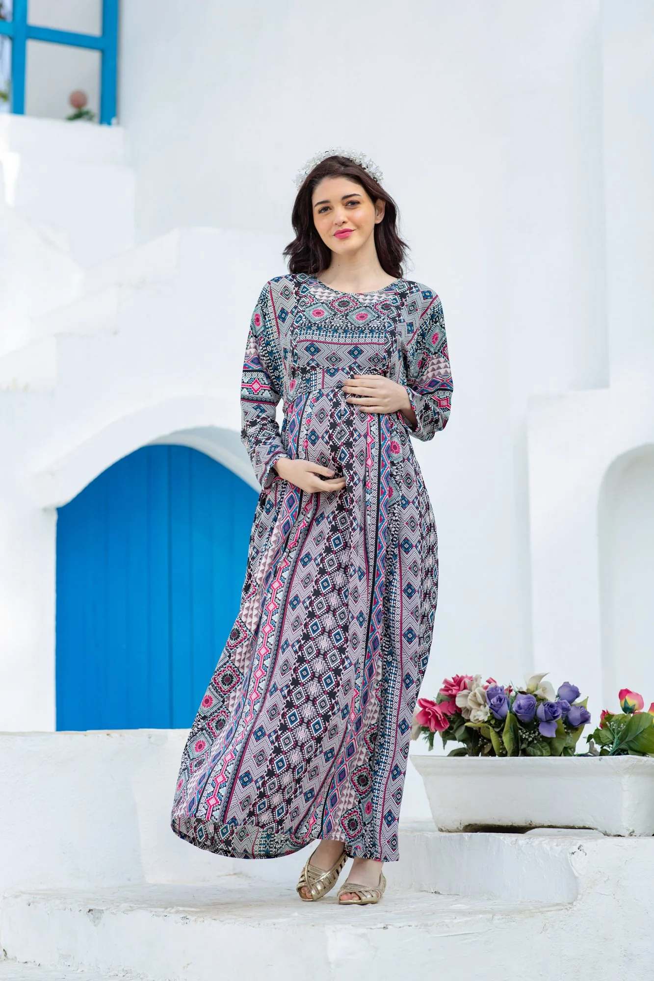 Royal Aztec Concealed Zip Maternity & Nursing Maxi - Chenance