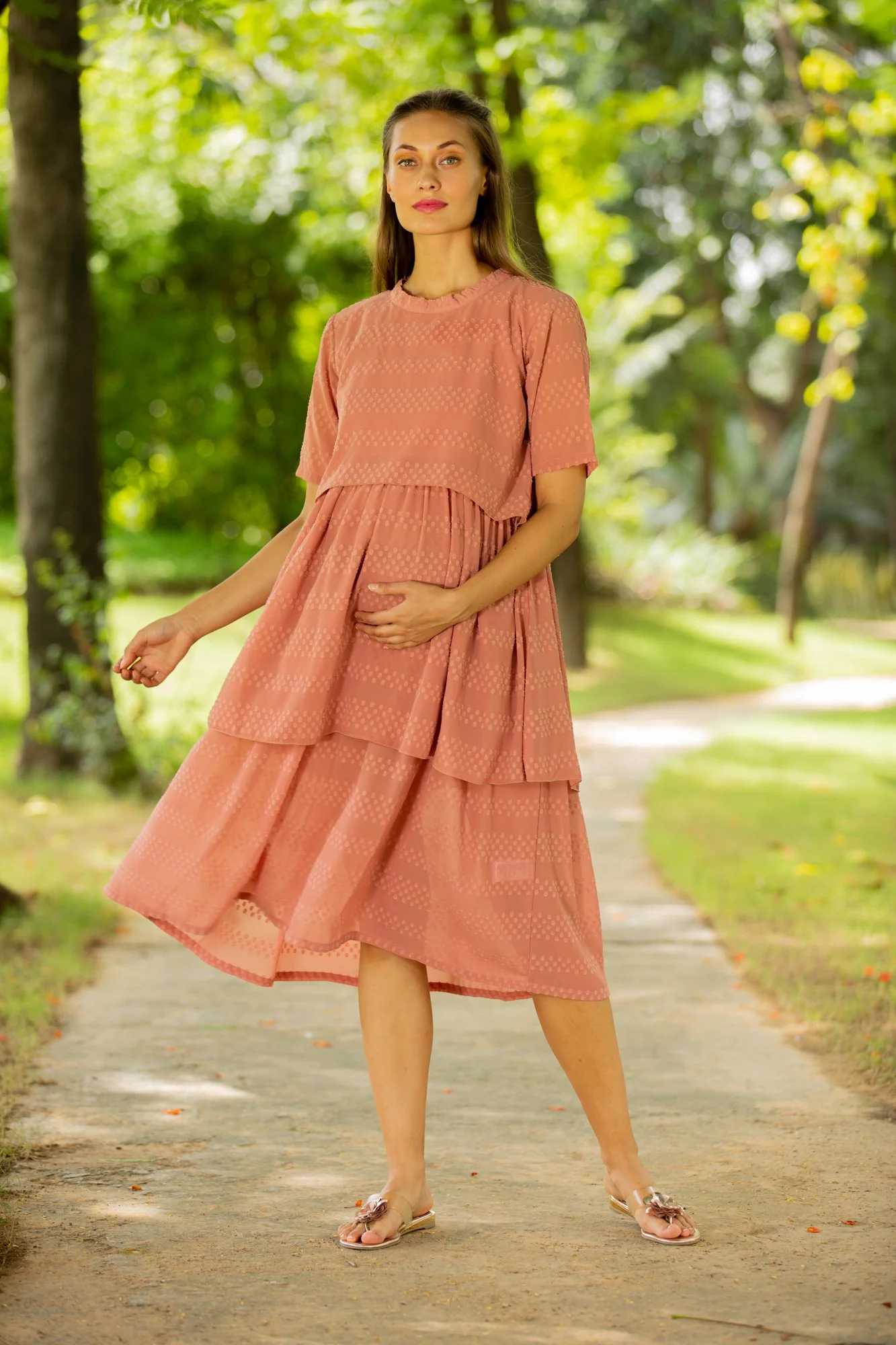 Peach Layered Maternity & Nursing Dress - Chenance