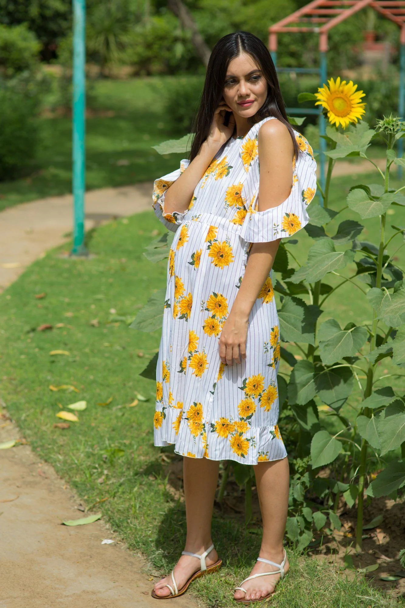 Sunflower Frill Front Zip Maternity & Nursing Dress - Chenance