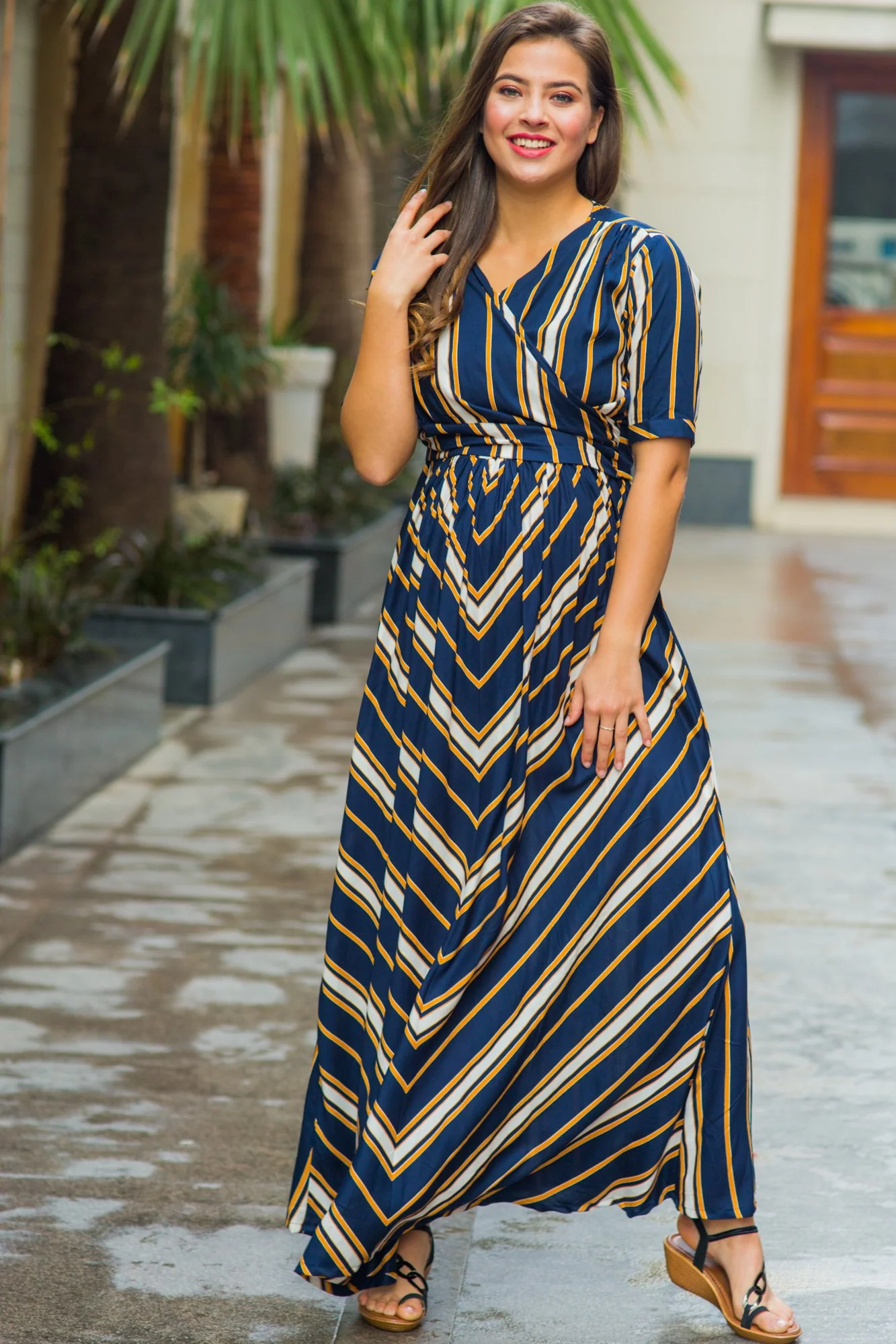 Royal Navy Striped Maternity & Nursing Wrap Dress - Chenance