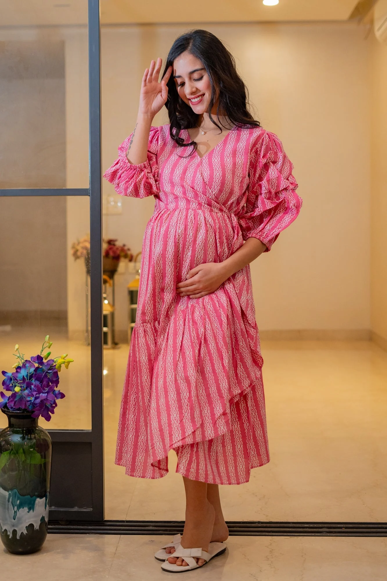 Charming Candy Floss Maternity & Nursing Frill Wrap Dress (100% Cotton) - Chenance