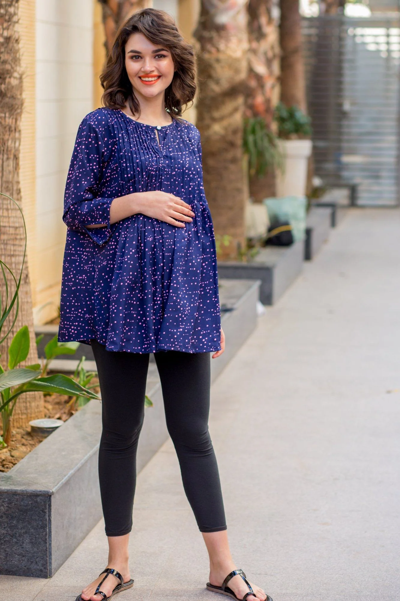 Scattered Polka Print Pintucks Maternity & Nursing Top - Chenance