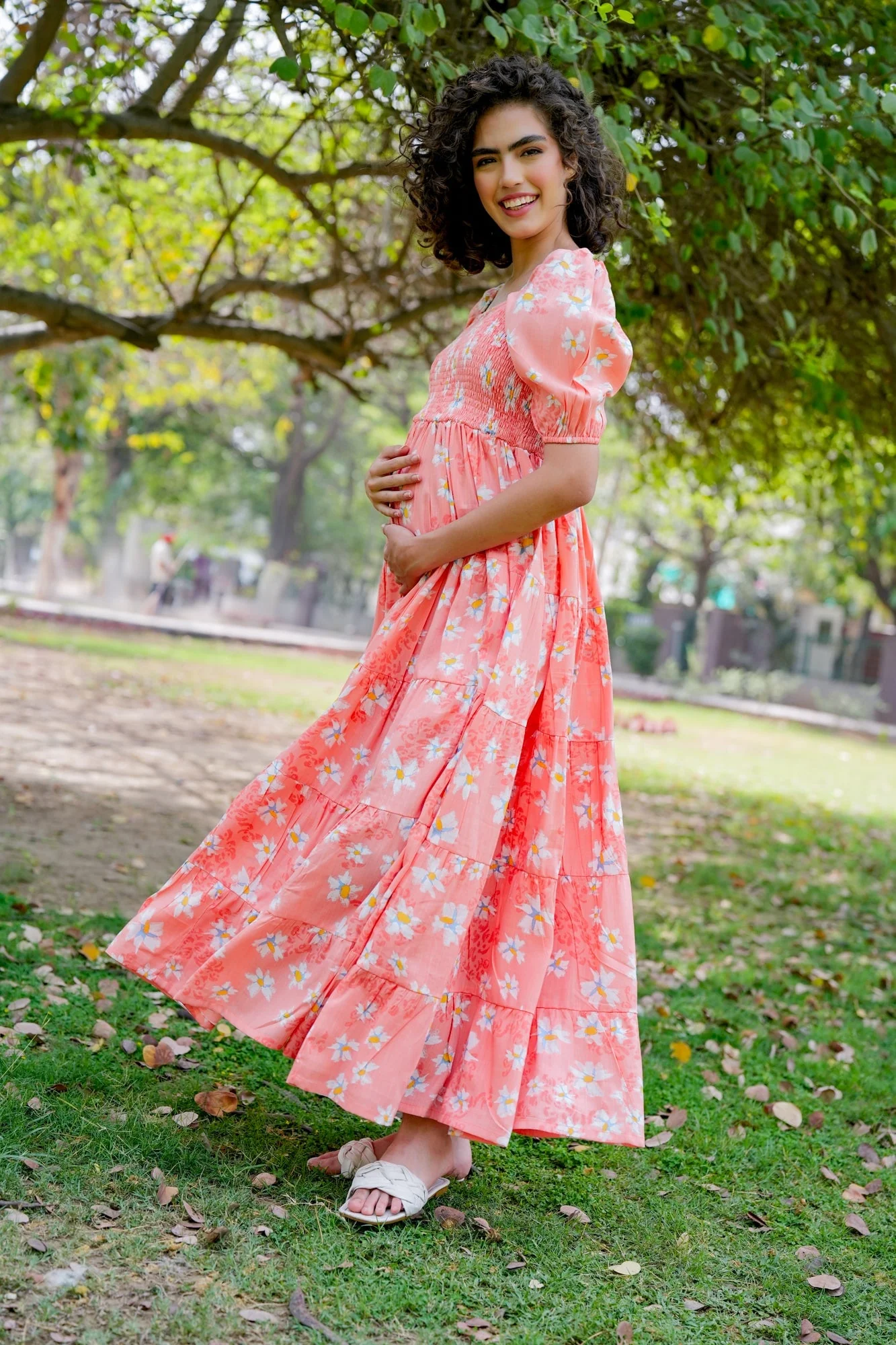 Graceful Apricot Floral Maternity Layered Dress (100% Cotton) - Chenance