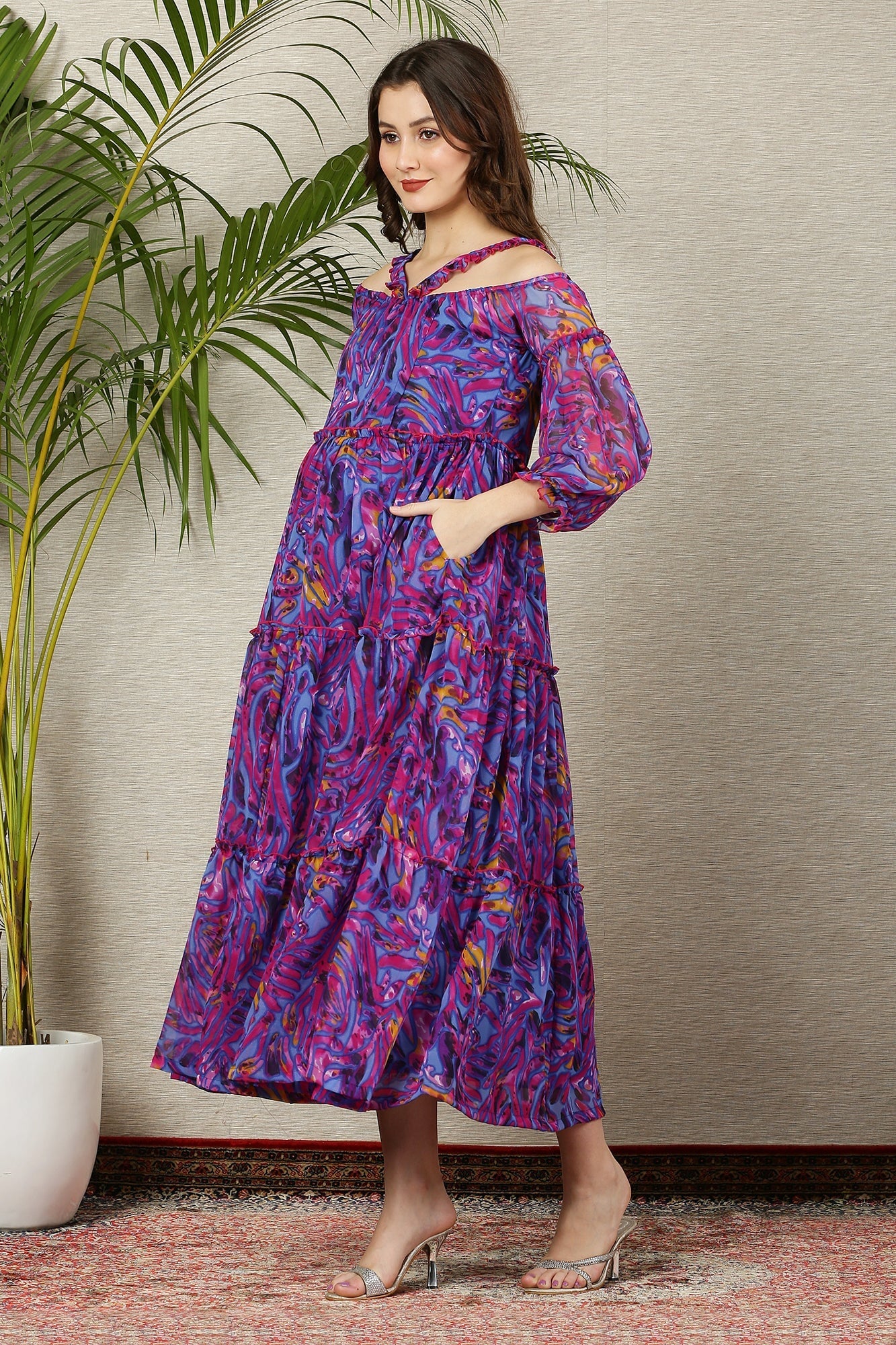 Petite Purple Wave Chiffon Halter Maternity & Nursing Frill Dress - Chenance
