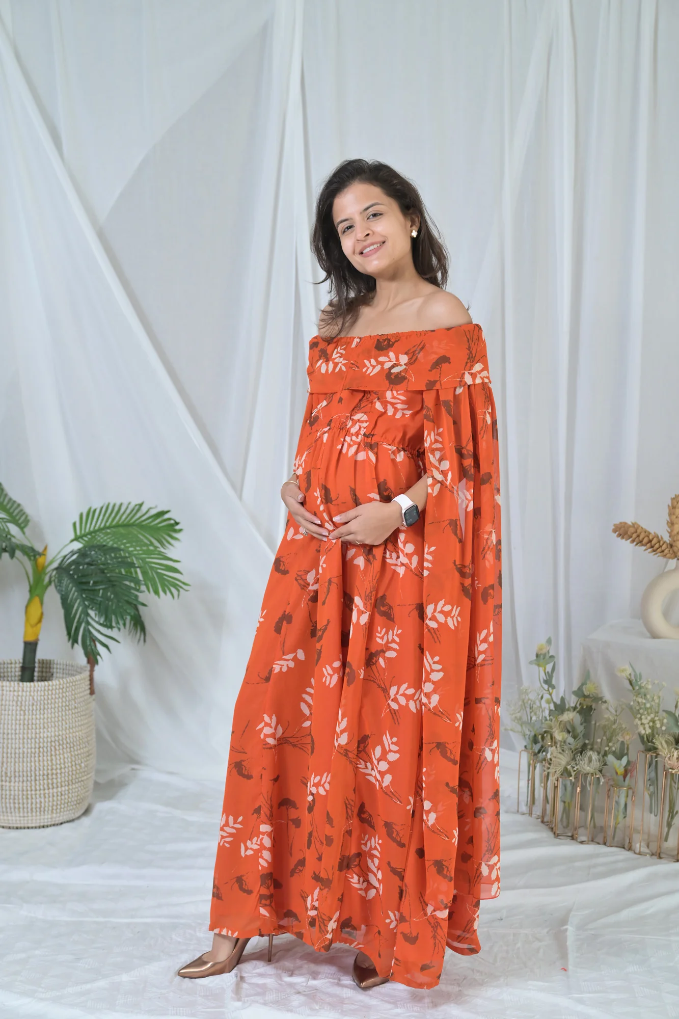 Elegant Rust Floral Butterflying Sleeves Maternity & Nursing Dress - Chenance