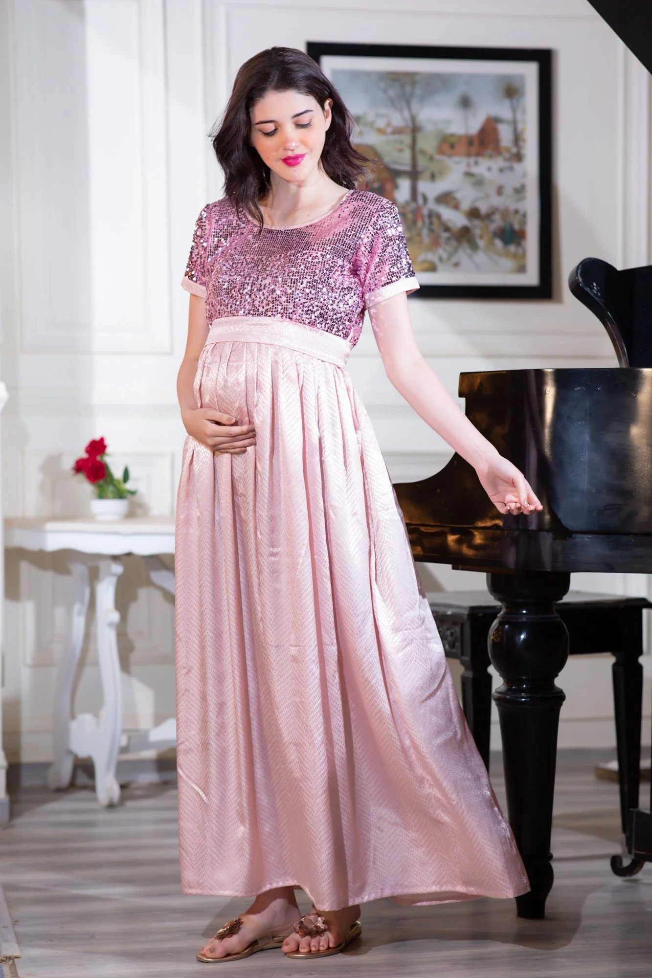 Luxe Rose Gold Sequin Maternity Dress - Chenance