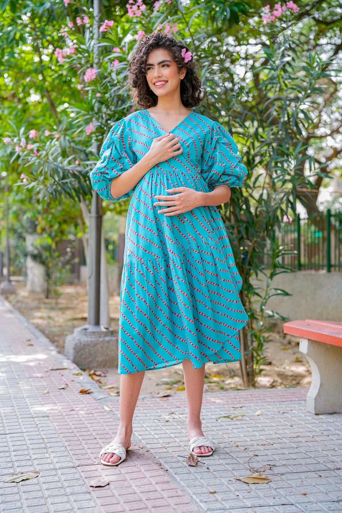 Charming Cerulean Blue Maternity & Nursing Frill Wrap Dress (100% Cotton) - Chenance