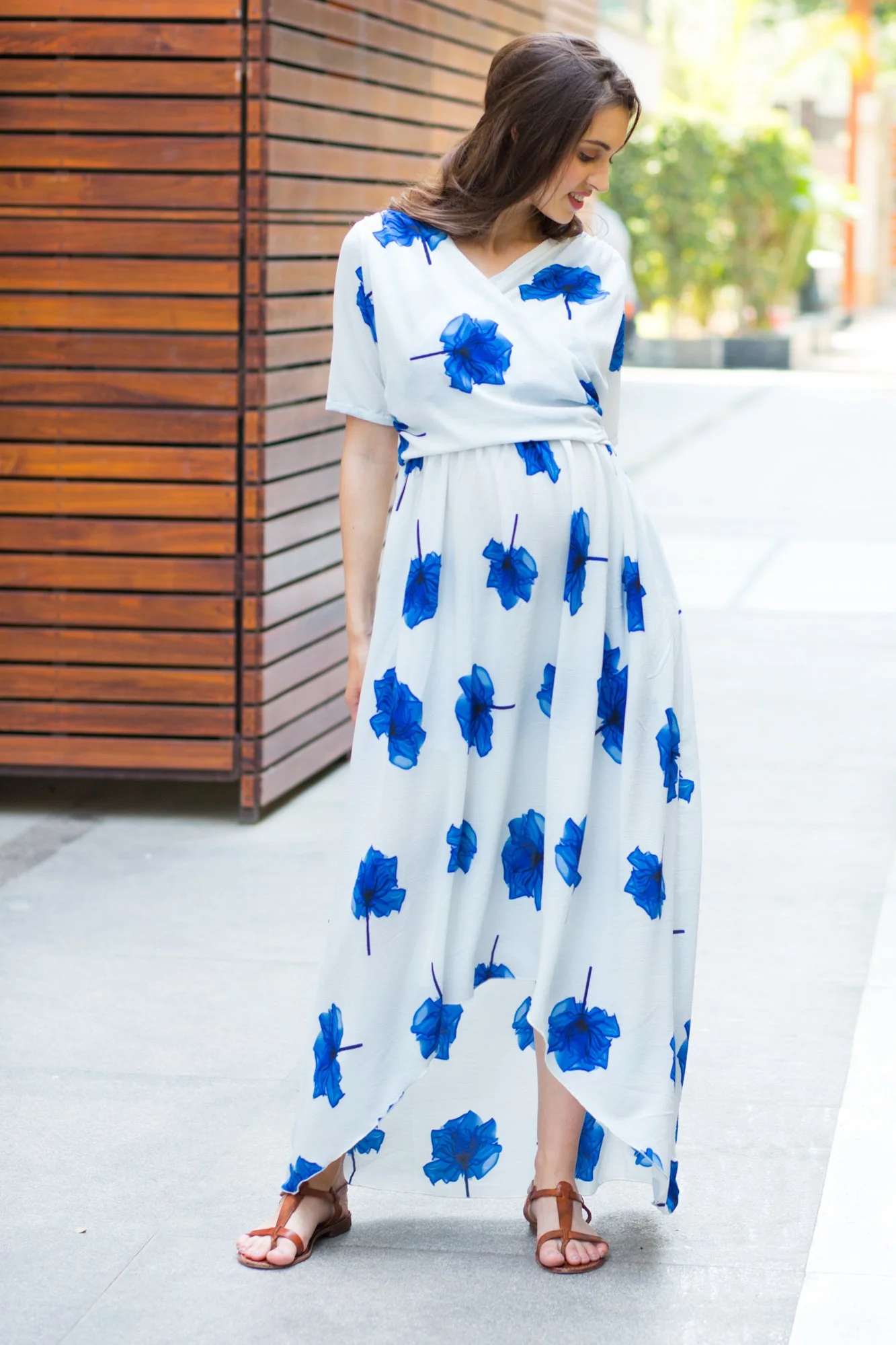 Ice Blue Floral  Hi-Low Maternity & Nursing Wrap Dress - Chenance