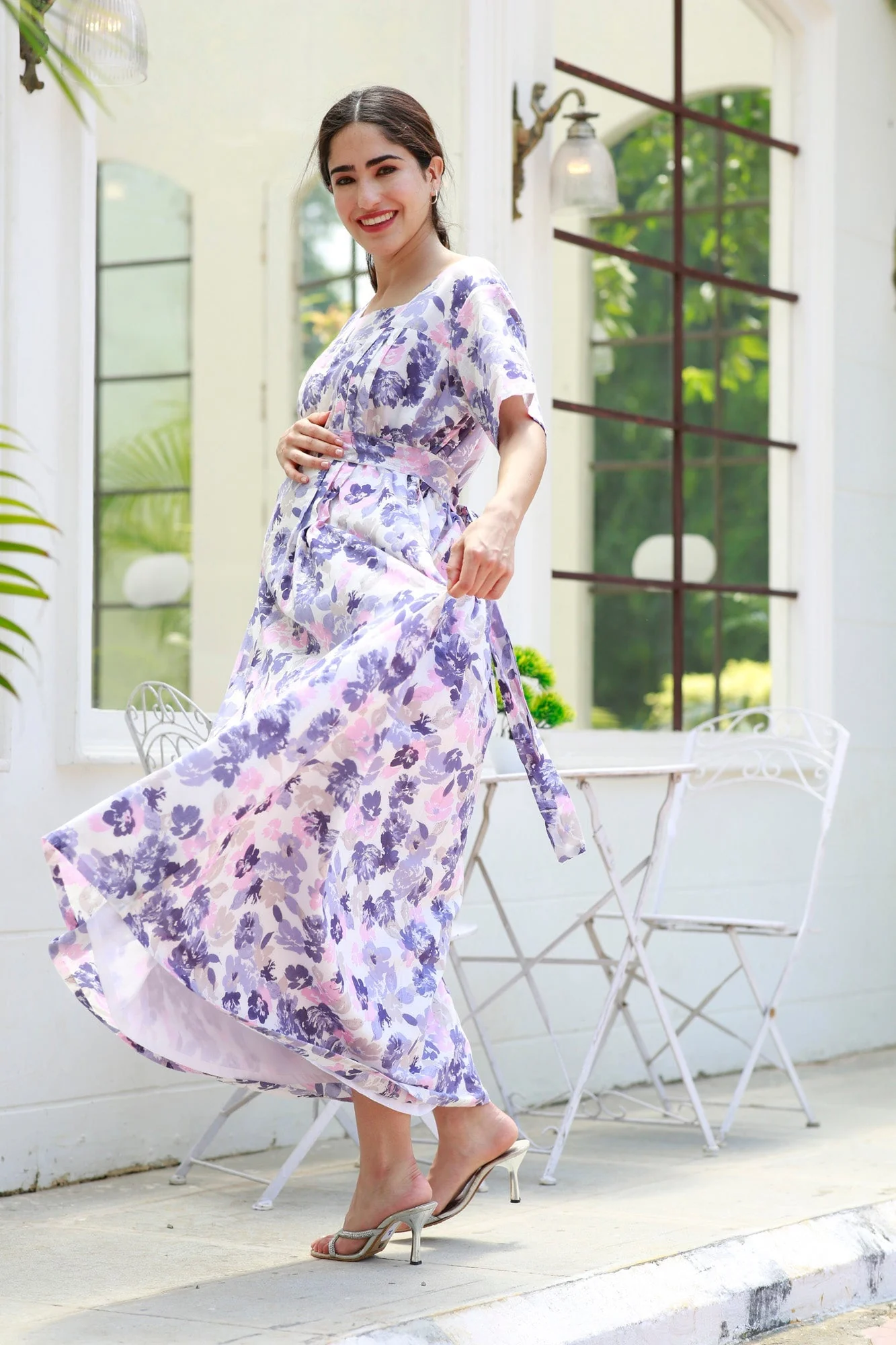 Restful Lavender Floral Maternity & Nursing Concealed Zips Night Dress - Chenance