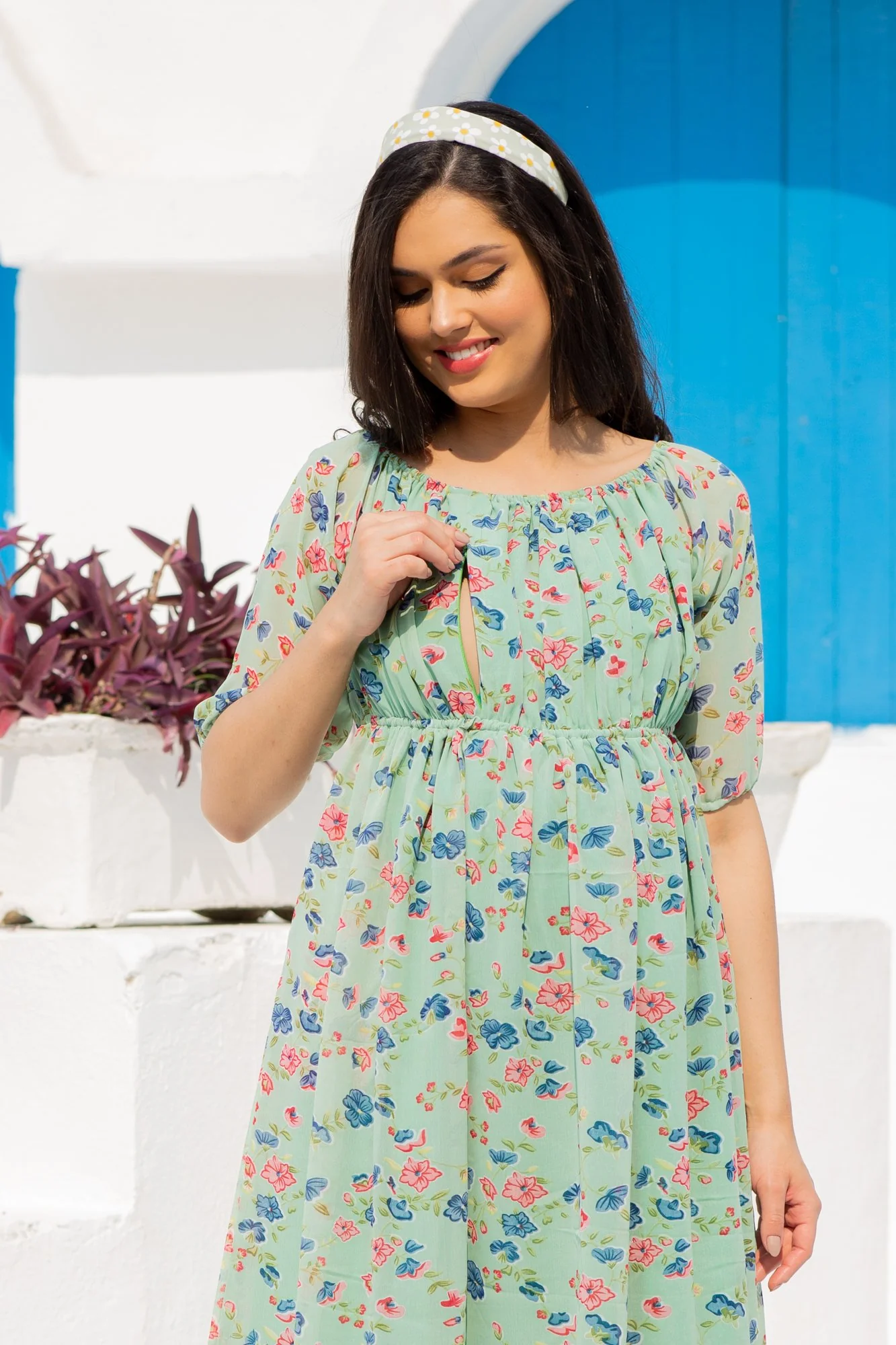 Mint Green Floral Dual Off-Shoulder Boat Neck Maternity & Nursing Maxi Dress - Chenance