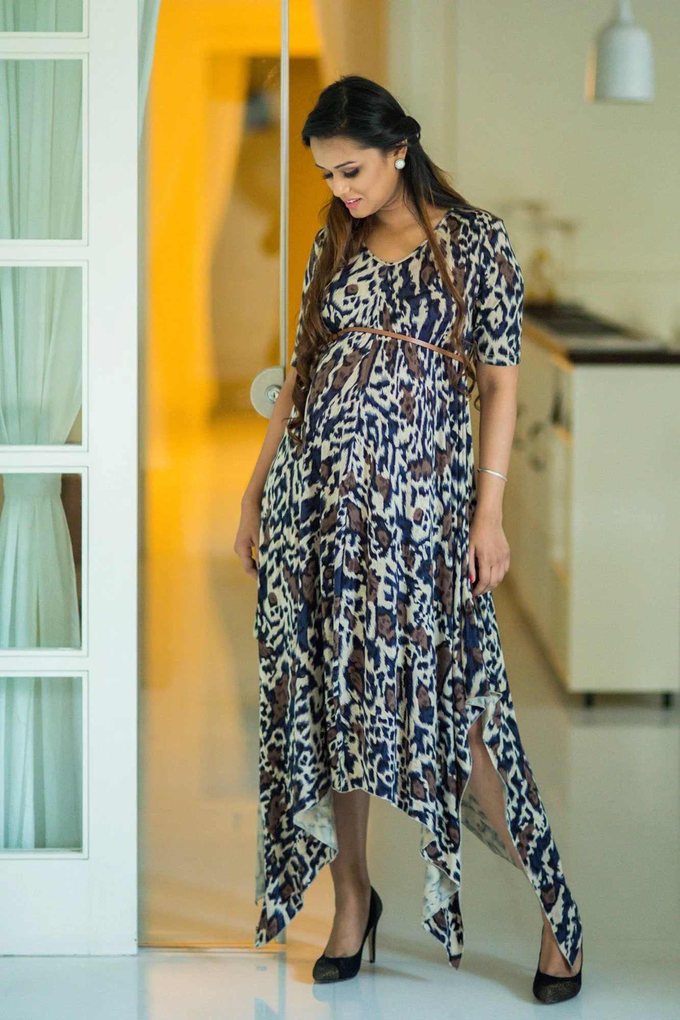 Printed Asymmetrical Maternity Maxi Dress - Chenance