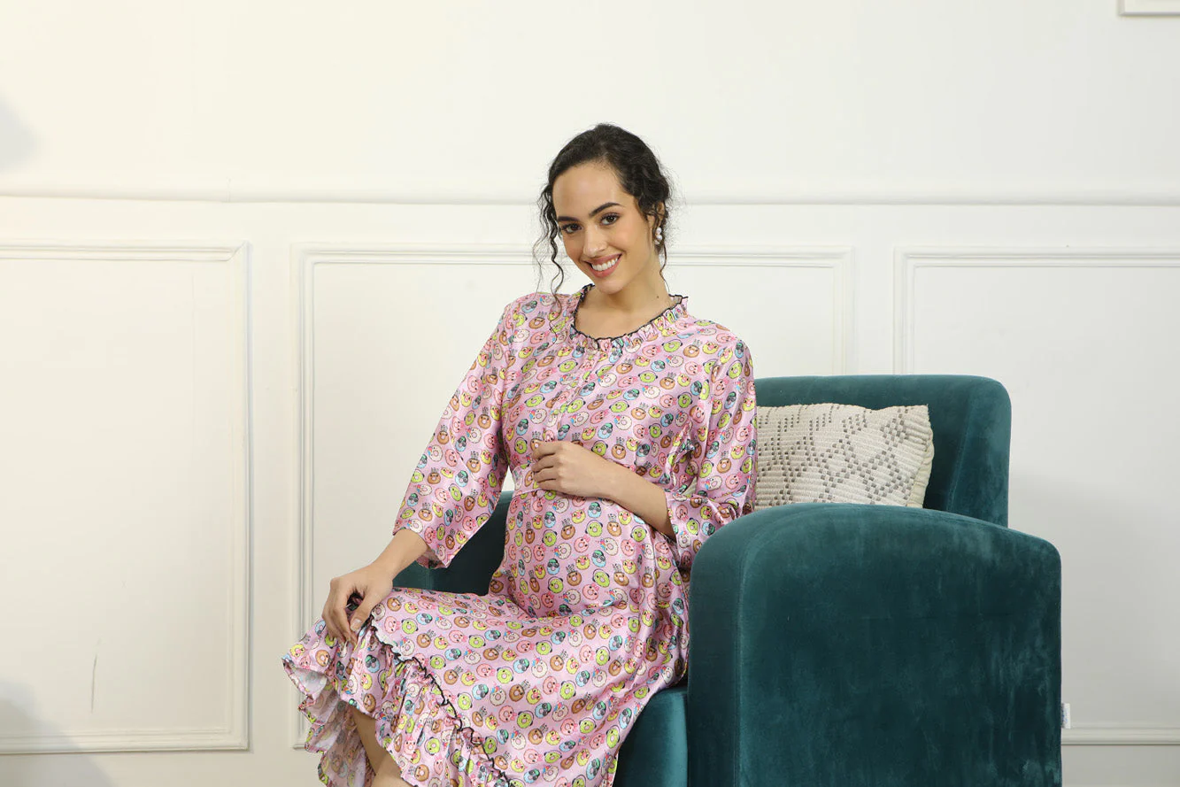 Pretty Lilac Donuts Maternity & Nursing Satin Dress - Chenance