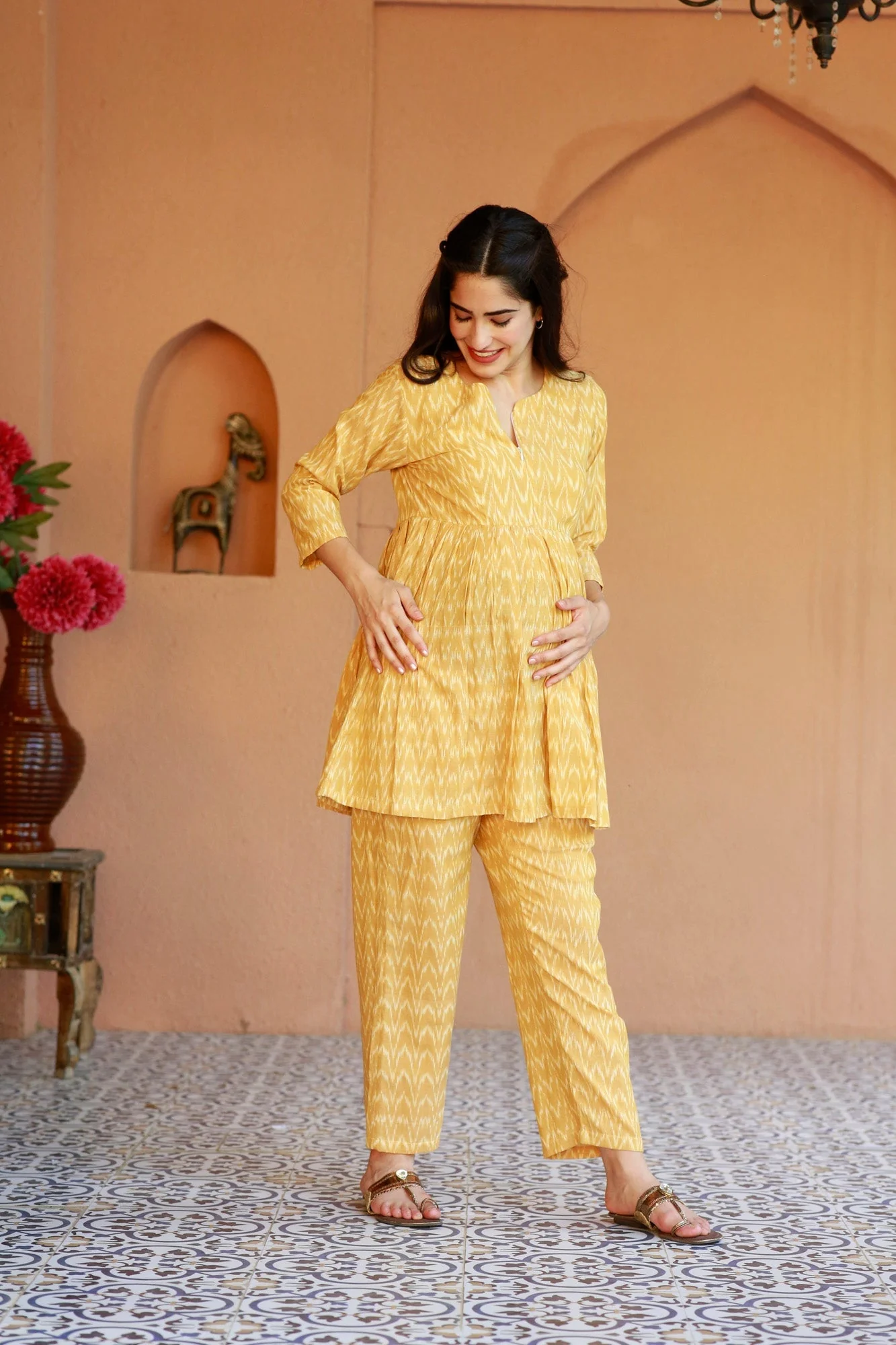 Restful Mustard Ikat Maternity & Nursing Lounge Coord Set (2Pc) (100% Cotton) - Chenance