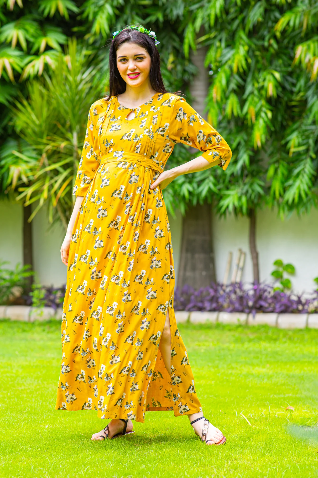 Marigold Pintucks Concealed Zips Maternity & Nursing Dress - Chenance