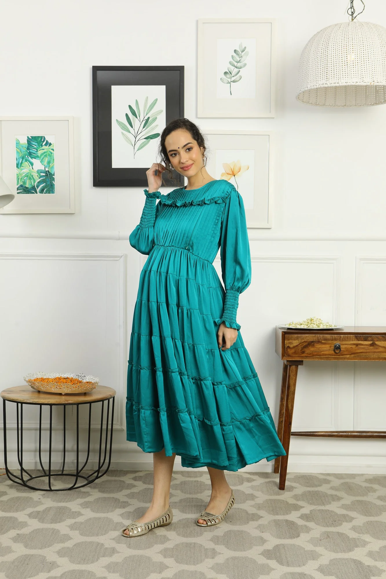 Premium Satin Emerald Green Formal Maternity & Nursing Pintucks Frill Dress - Chenance