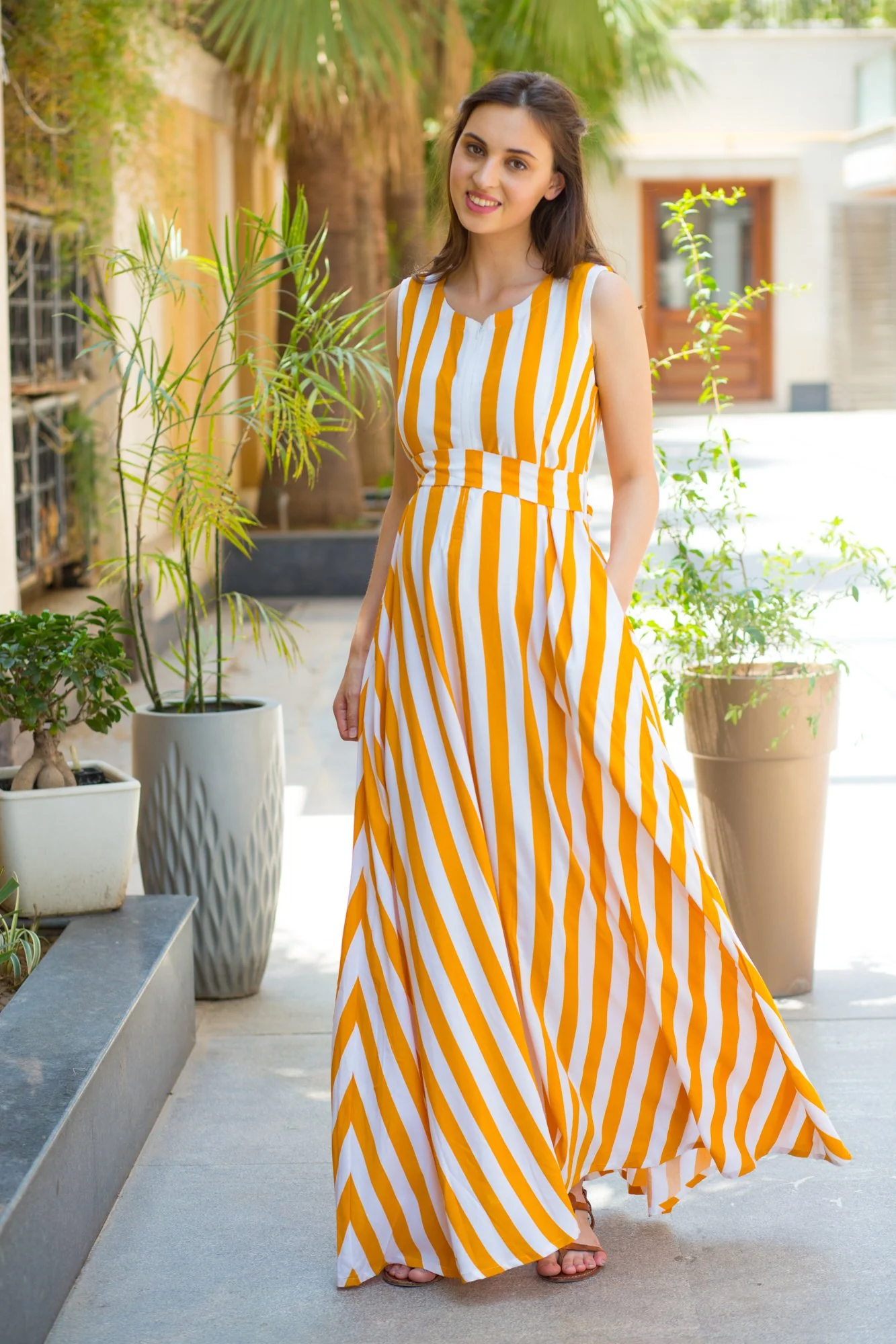 Mustard Striped Maternity & Nursing Dress - Chenance