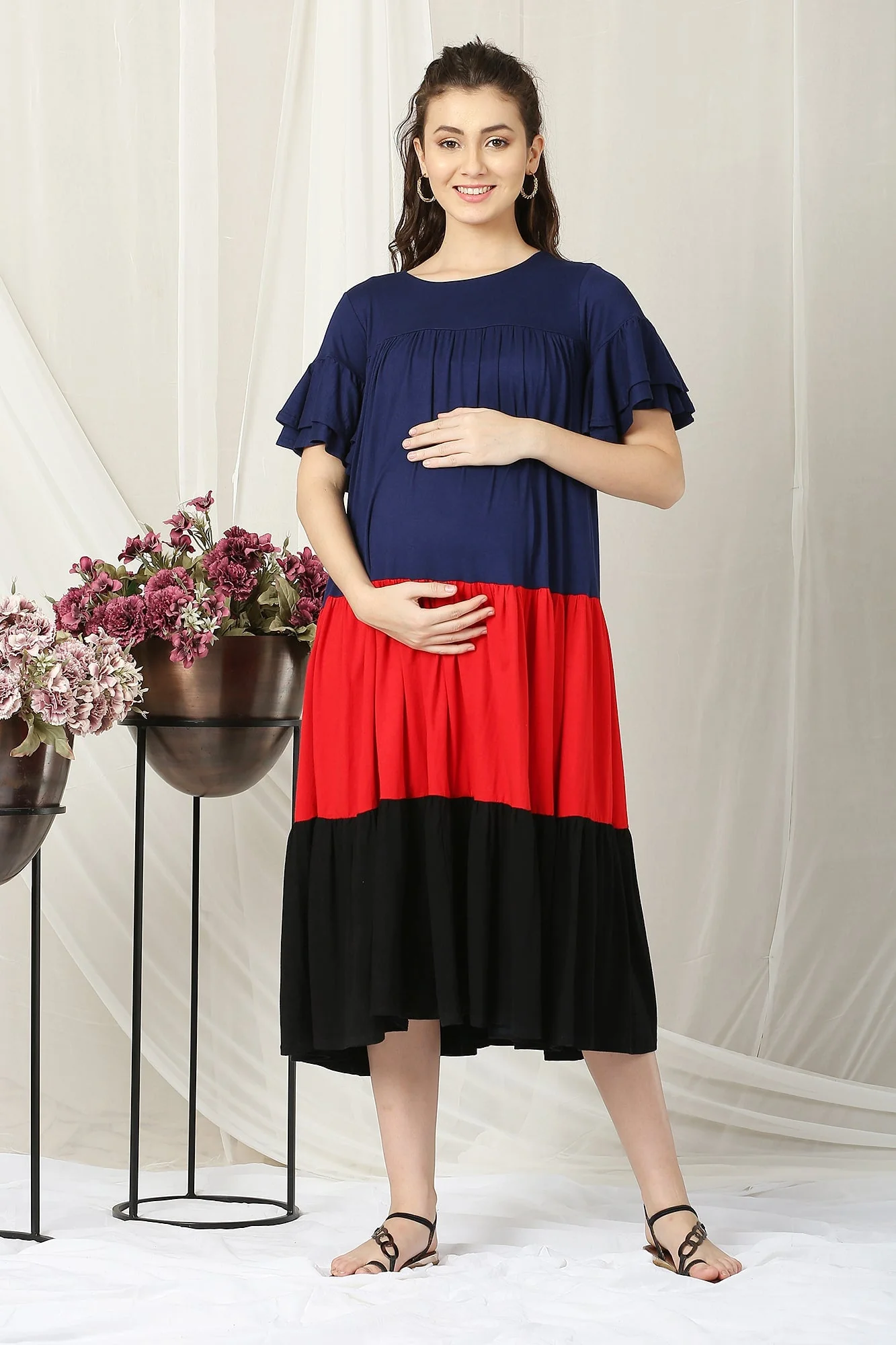 Charming Easy Breezy Blue & Red Layered Maternity Dress - Chenance
