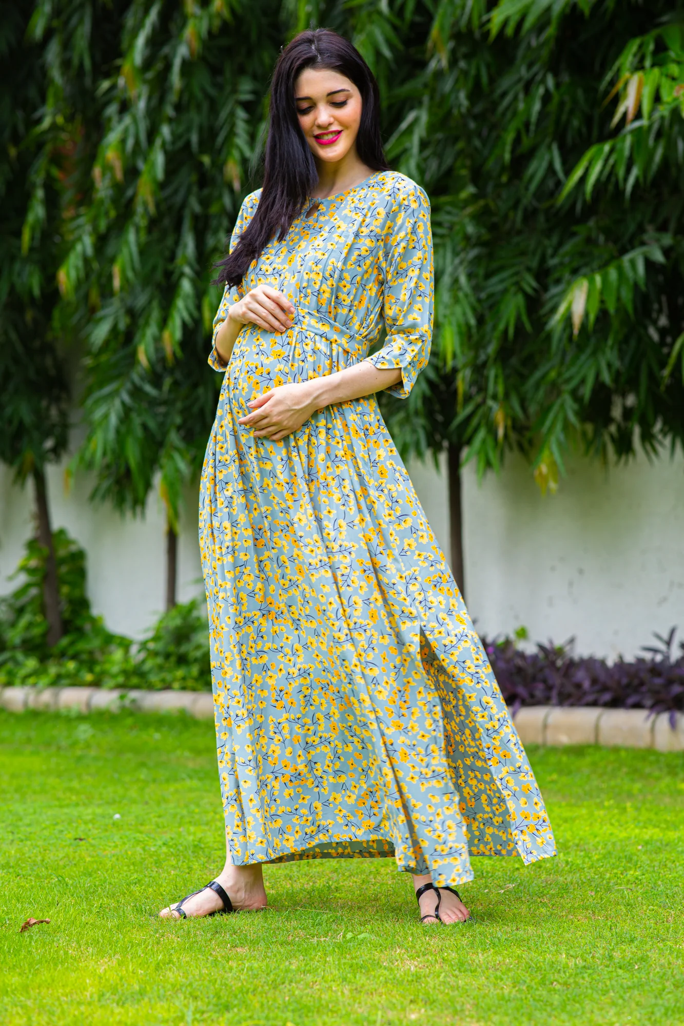 Bottle Green Concealed Zips Maternity & Nursing Dress - Chenance