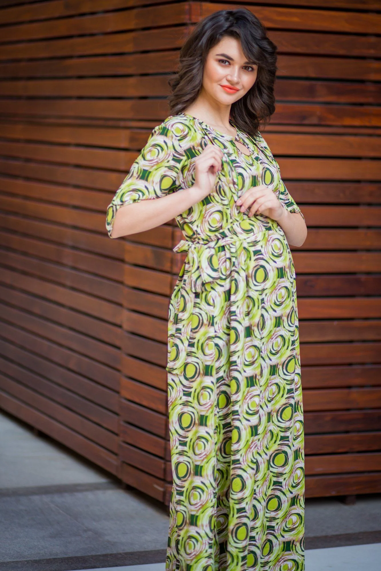 Forest Green Geo Side Slit Maternity & Feeding Dress - Chenance