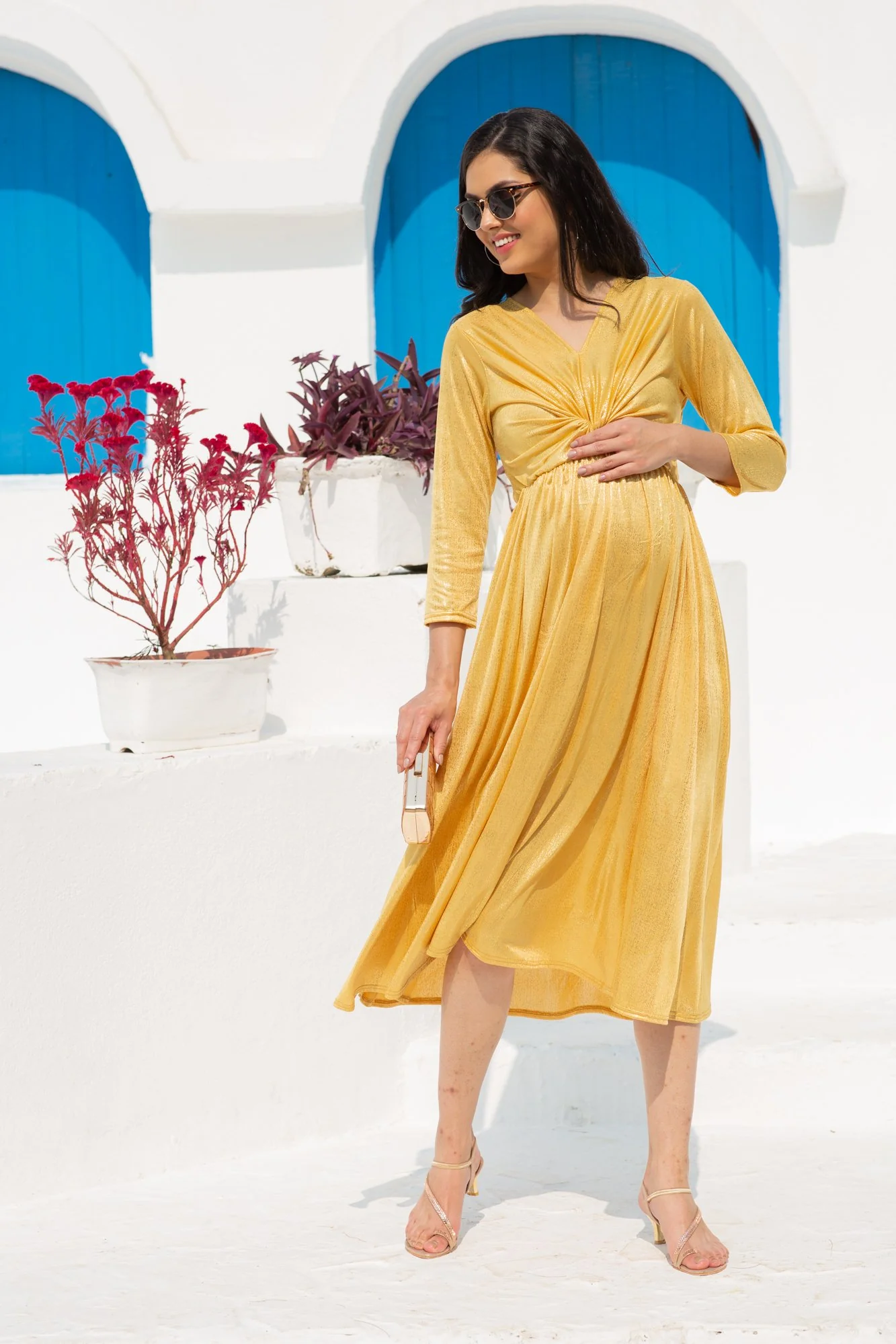 Luxe Royal Shimmer Gold Front Knot Lycra Maternity Dress - Chenance