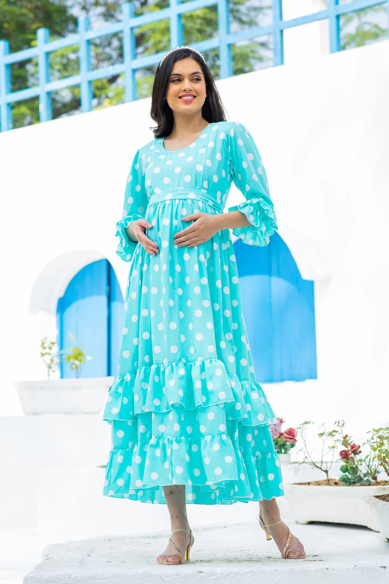 Classic Turquoise Polka Maternity & Nursing Frill Dress - Chenance