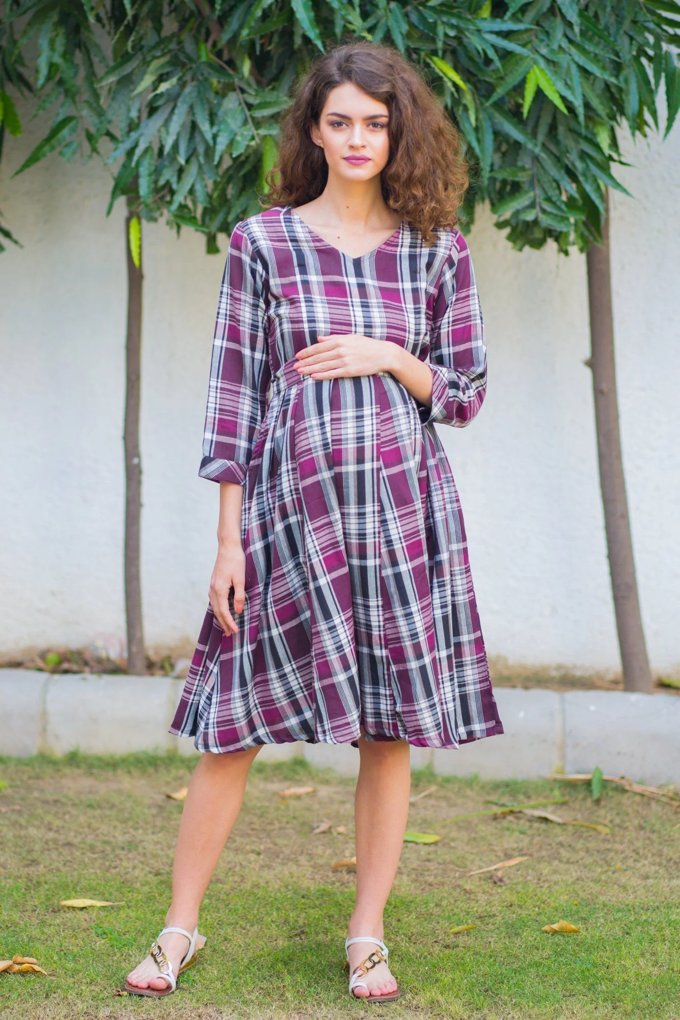 Mulberry Plaid Maternity & Nursing Knee Dress - Chenance