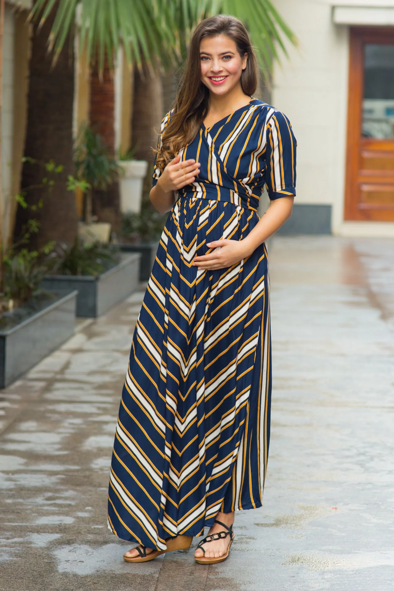 Royal Navy Striped Maternity & Nursing Wrap Dress - Chenance