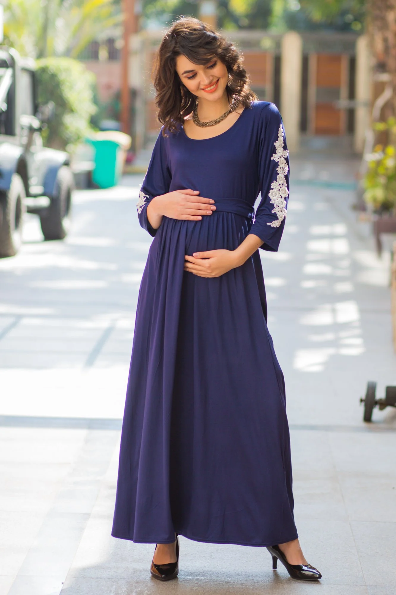Regal Blue Lycra Crochet Sleeves Maternity Dress - Chenance