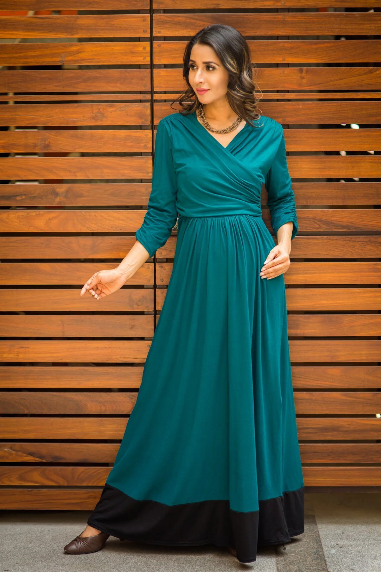 Elegant Teal Front Wrap Maternity & Nursing Dress - Chenance