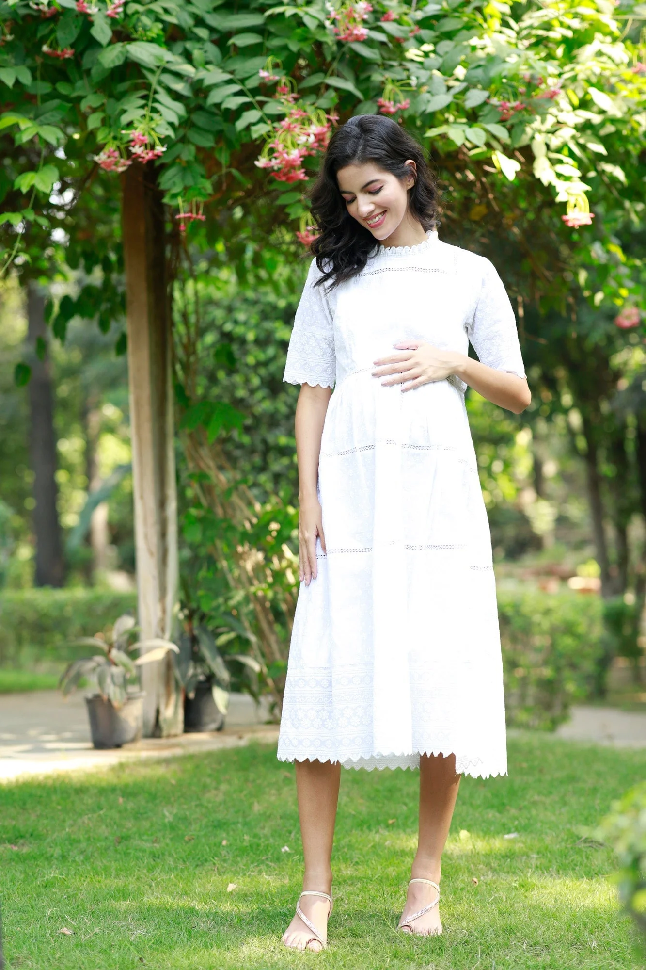 Paradise Daisy White Maternity & Nursing Dress (100% Cotton) - Chenance