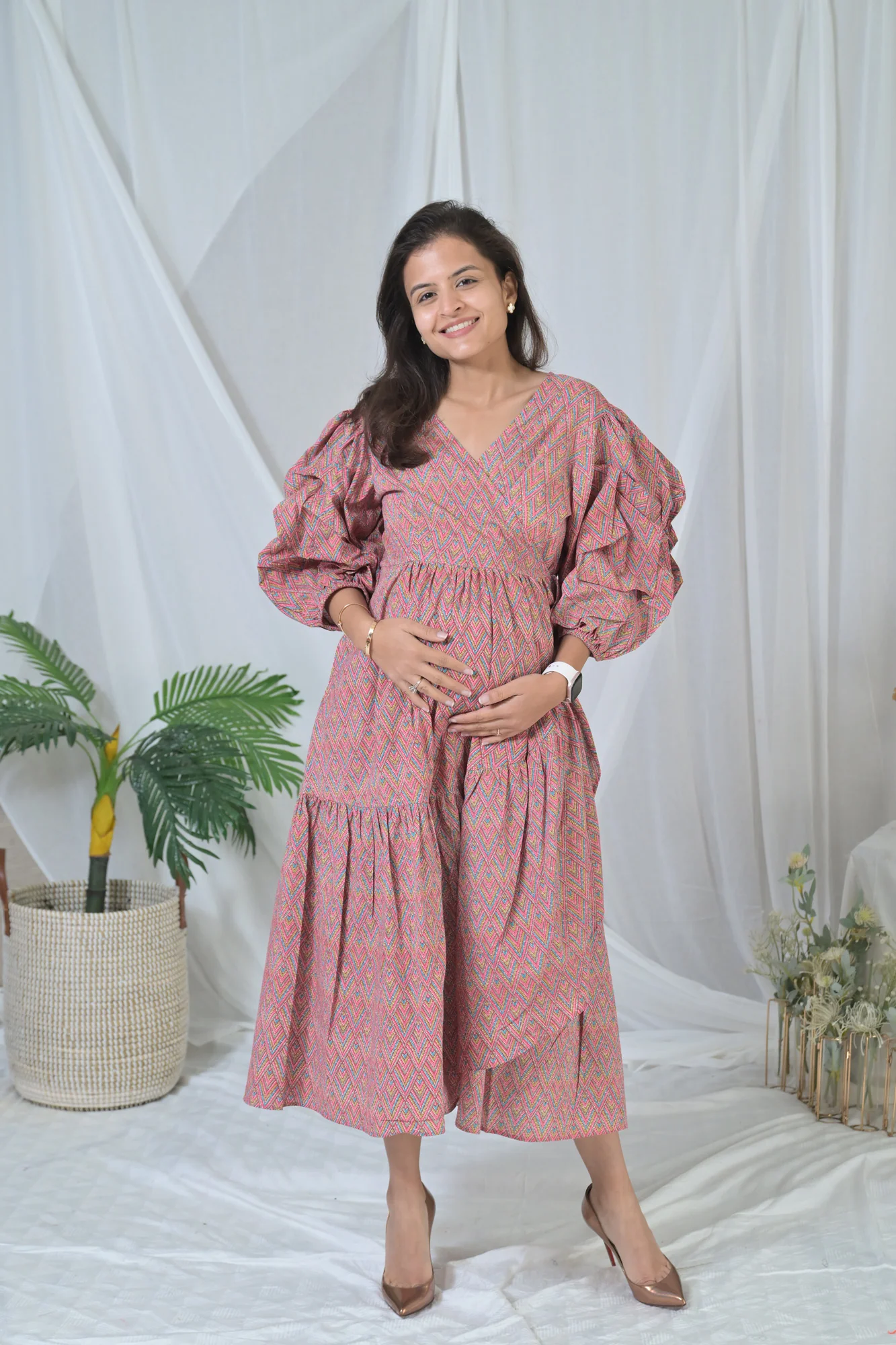 Nautical Pink Maternity & Nursing Frill Wrap Dress (100% Cotton) - Chenance