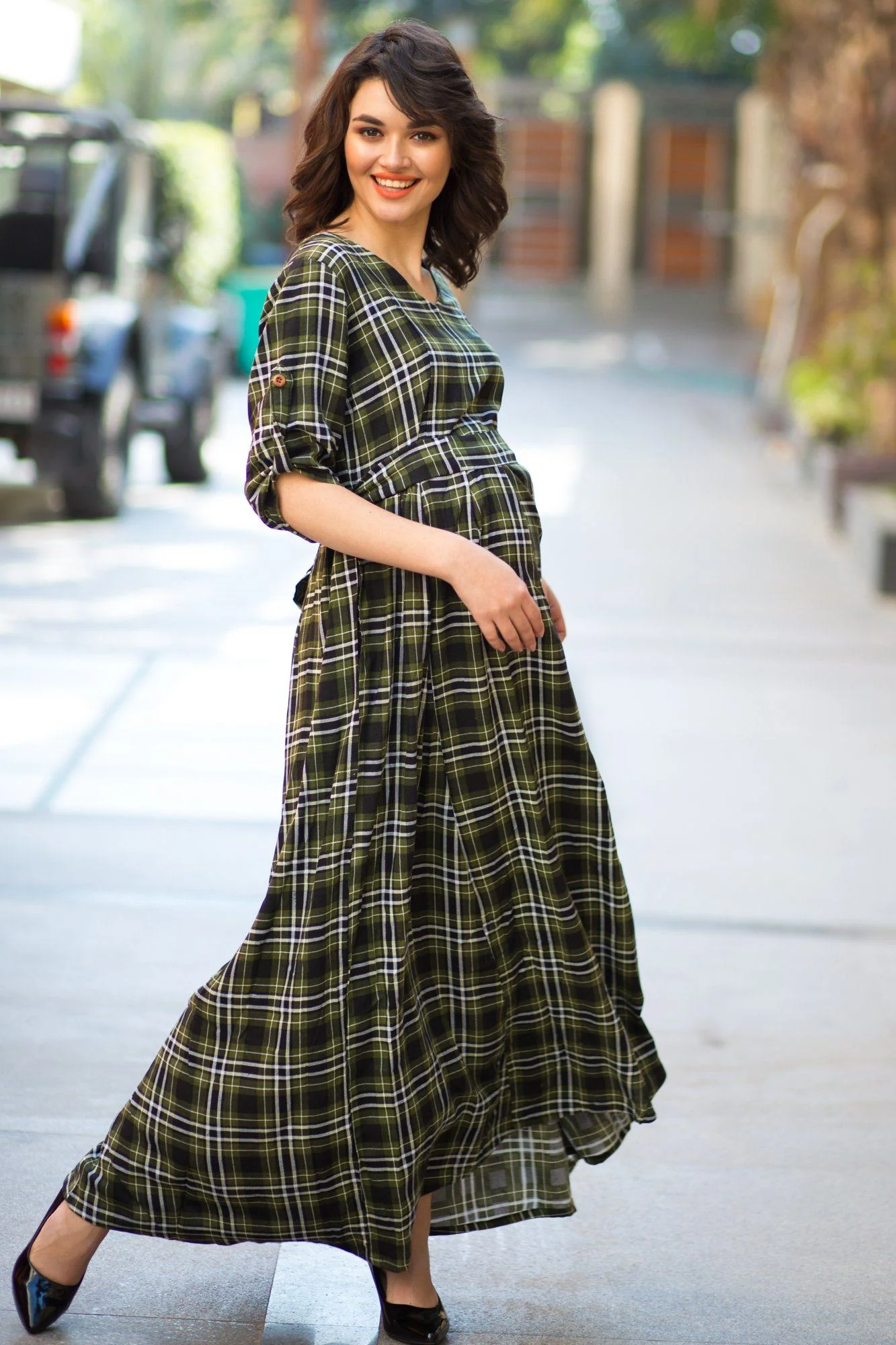 Nautical Pine Green Plaid Maternity & Nursing Maxi Dress - Chenance