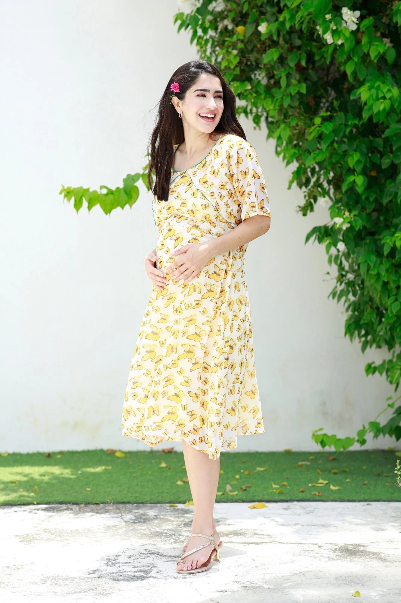 Pretty Mustard Butterflying Maternity & Nursing Chiffon Dress - Chenance