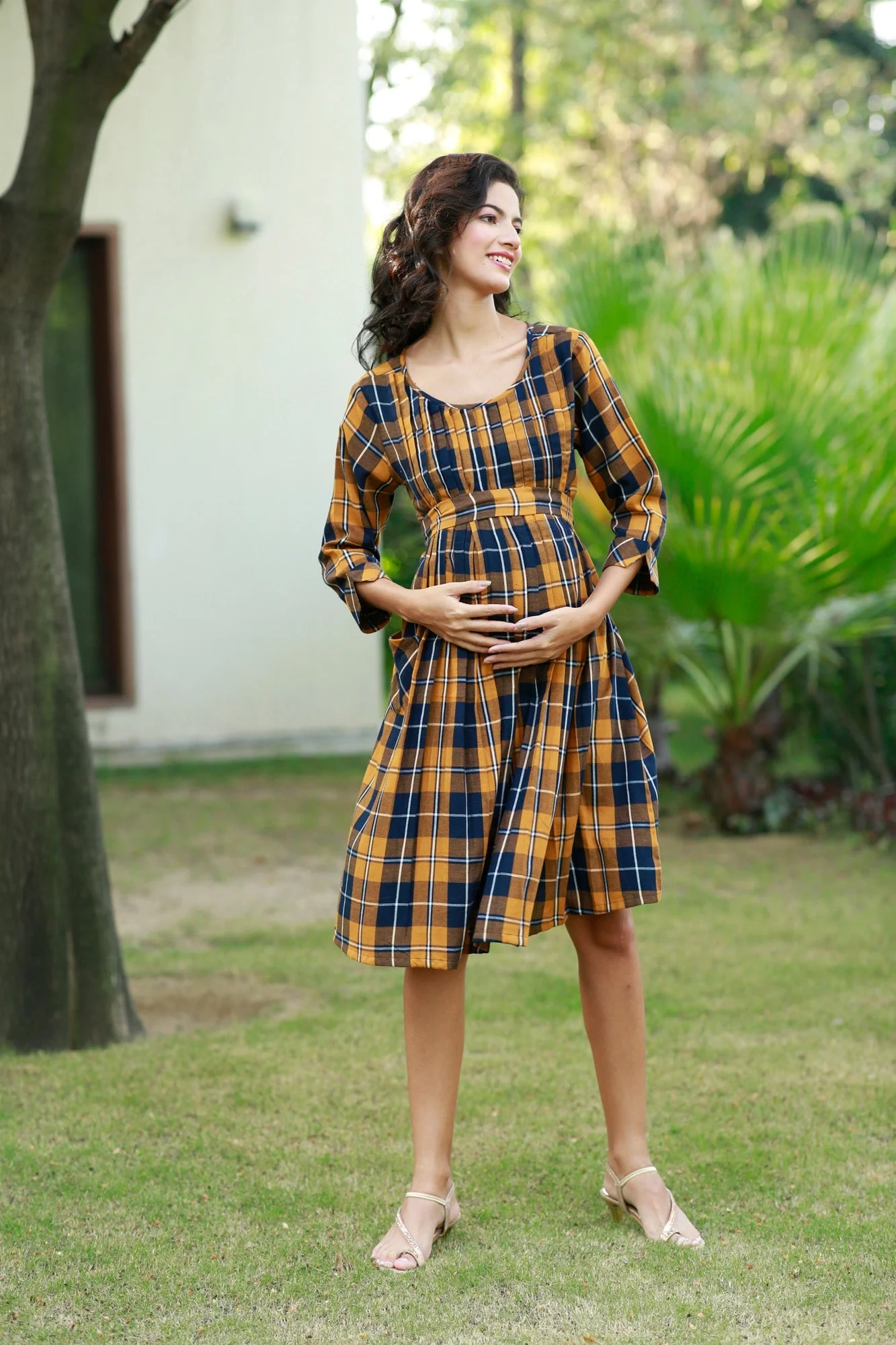 Paradise Mustard Plaid Pintucks Maternity & Nursing Dress - Chenance