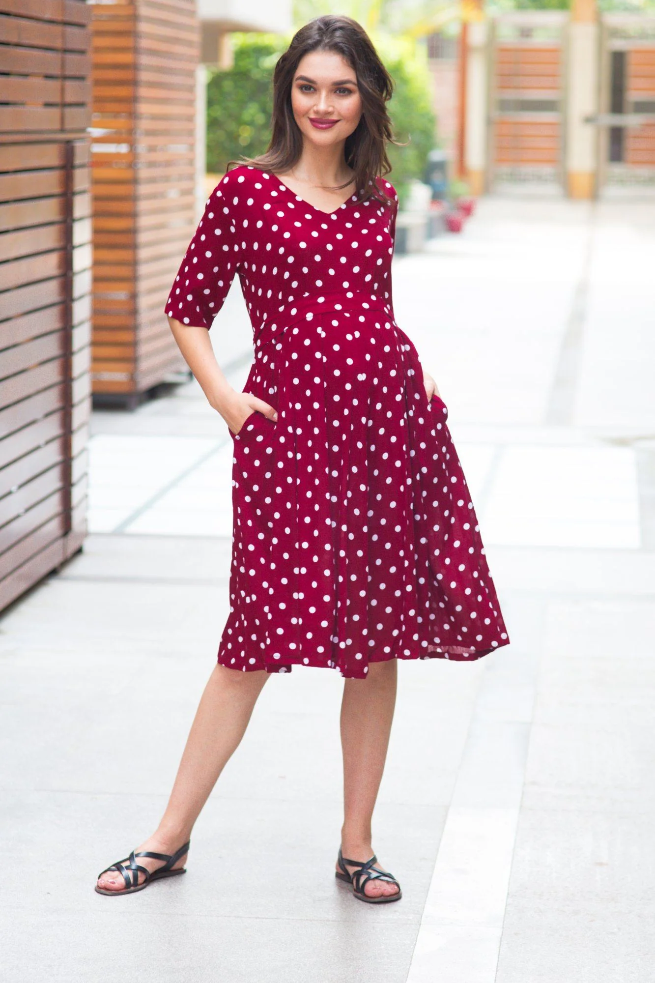 Burgundy Polka Maternity & Nursing Dress - Chenance
