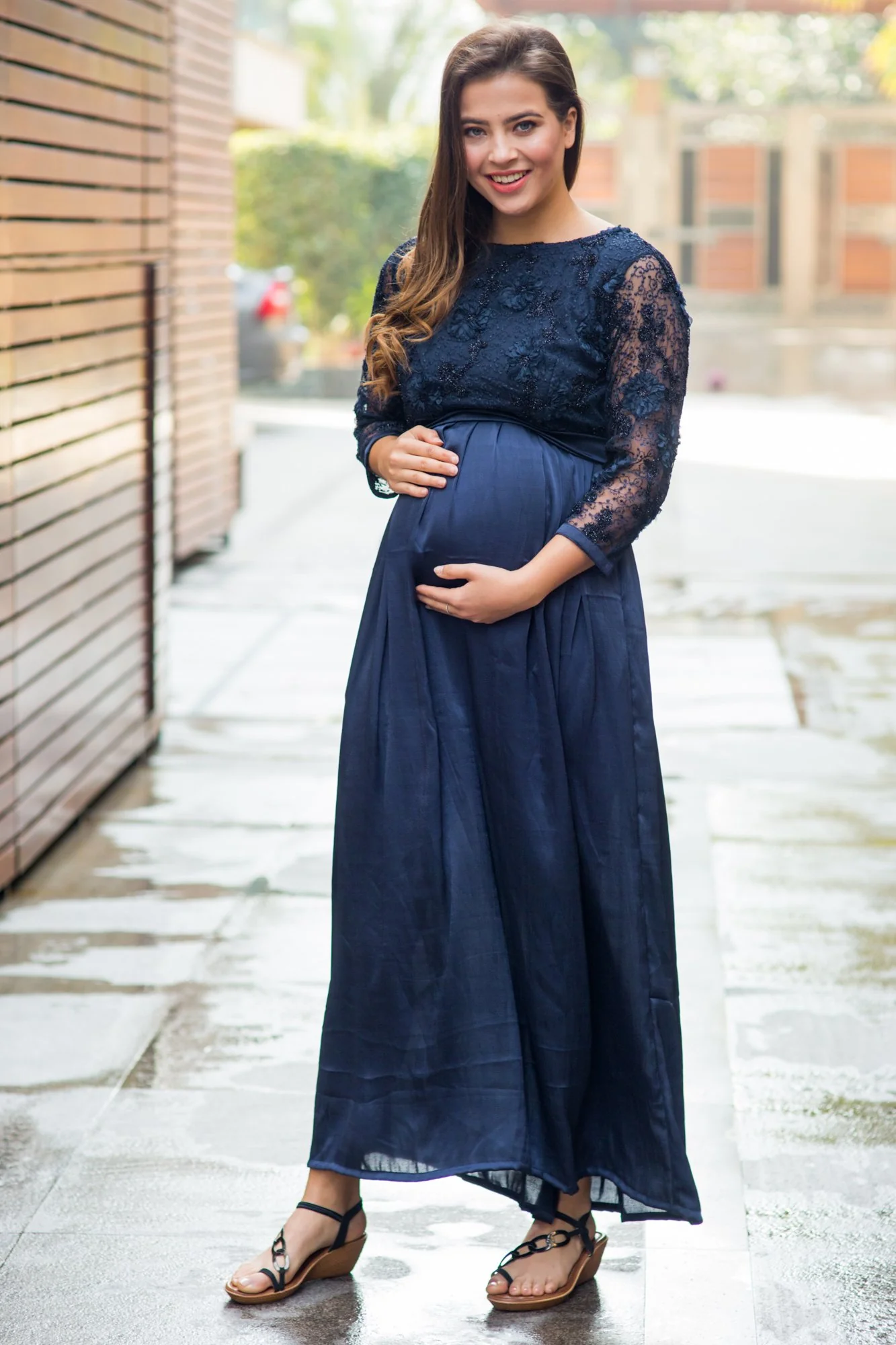 Luxe Elegant Blue Lace Embroidered Maternity Dress - Chenance