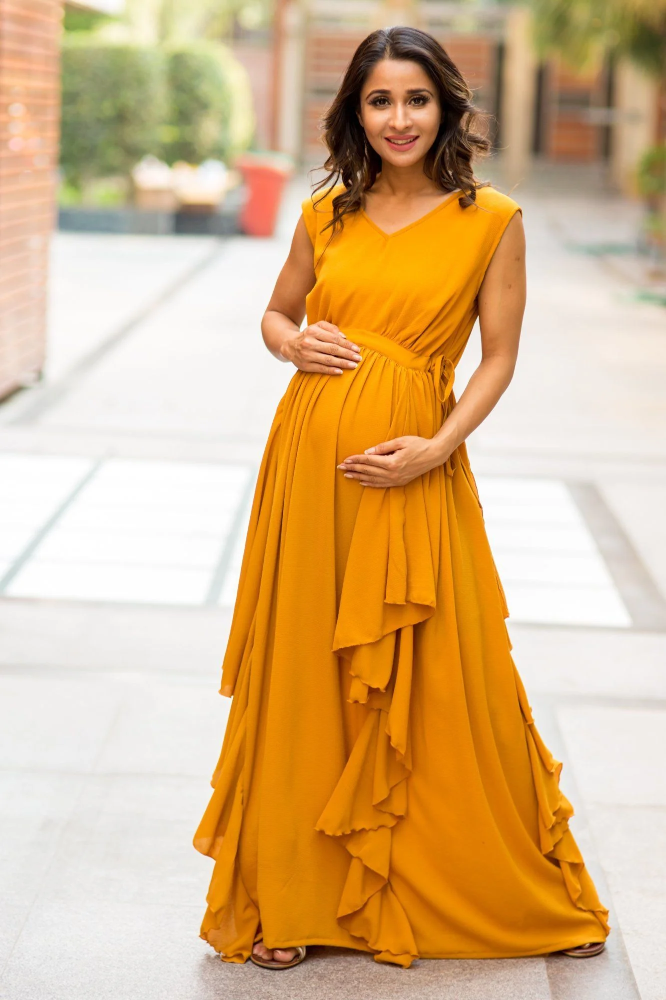 Luxe Mustard Yellow Moss Crepe Maternity Dress - Chenance
