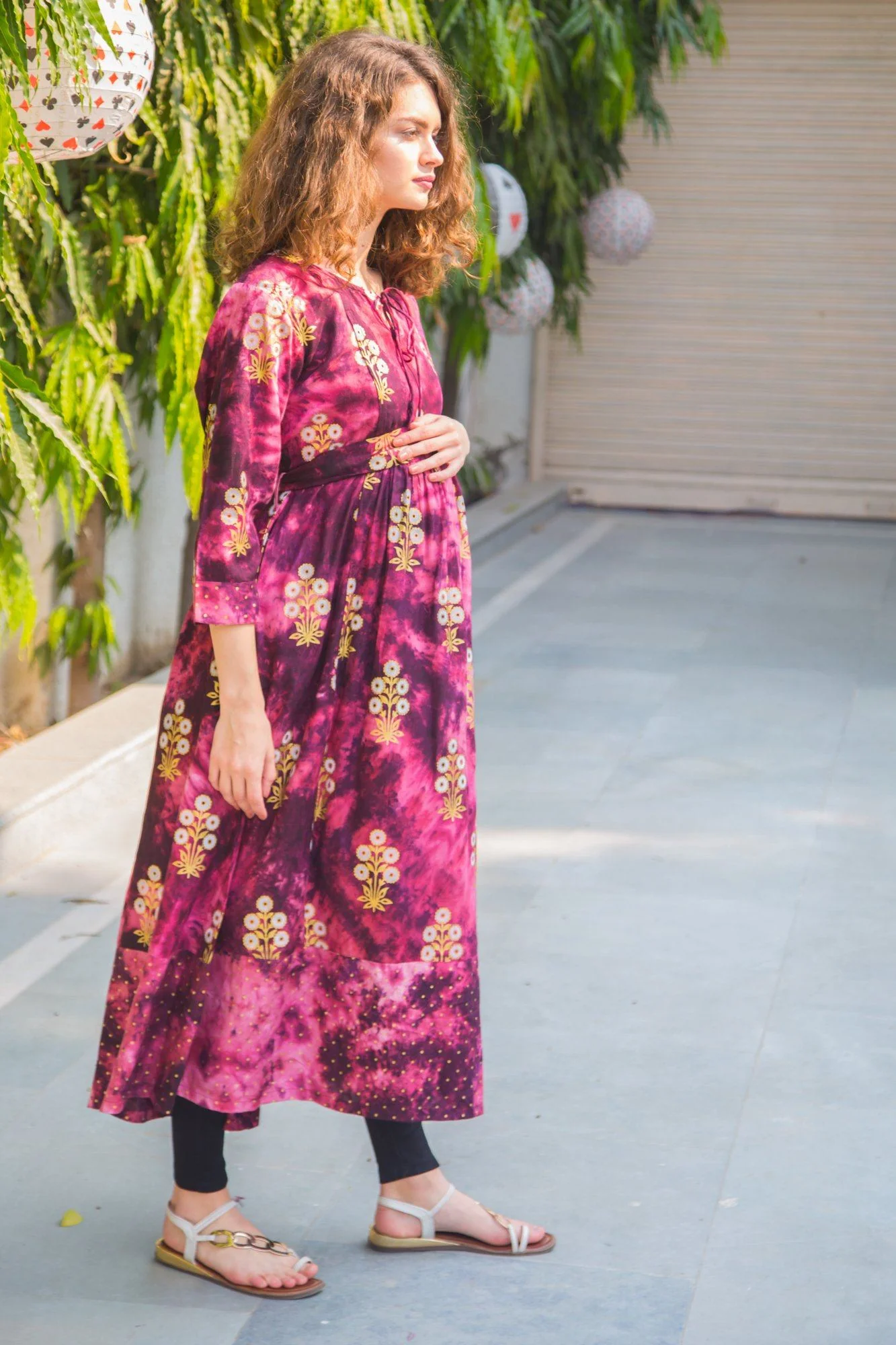 Festive Purple Baltic Foil Print Maternity & Nursing Kurta - Chenance