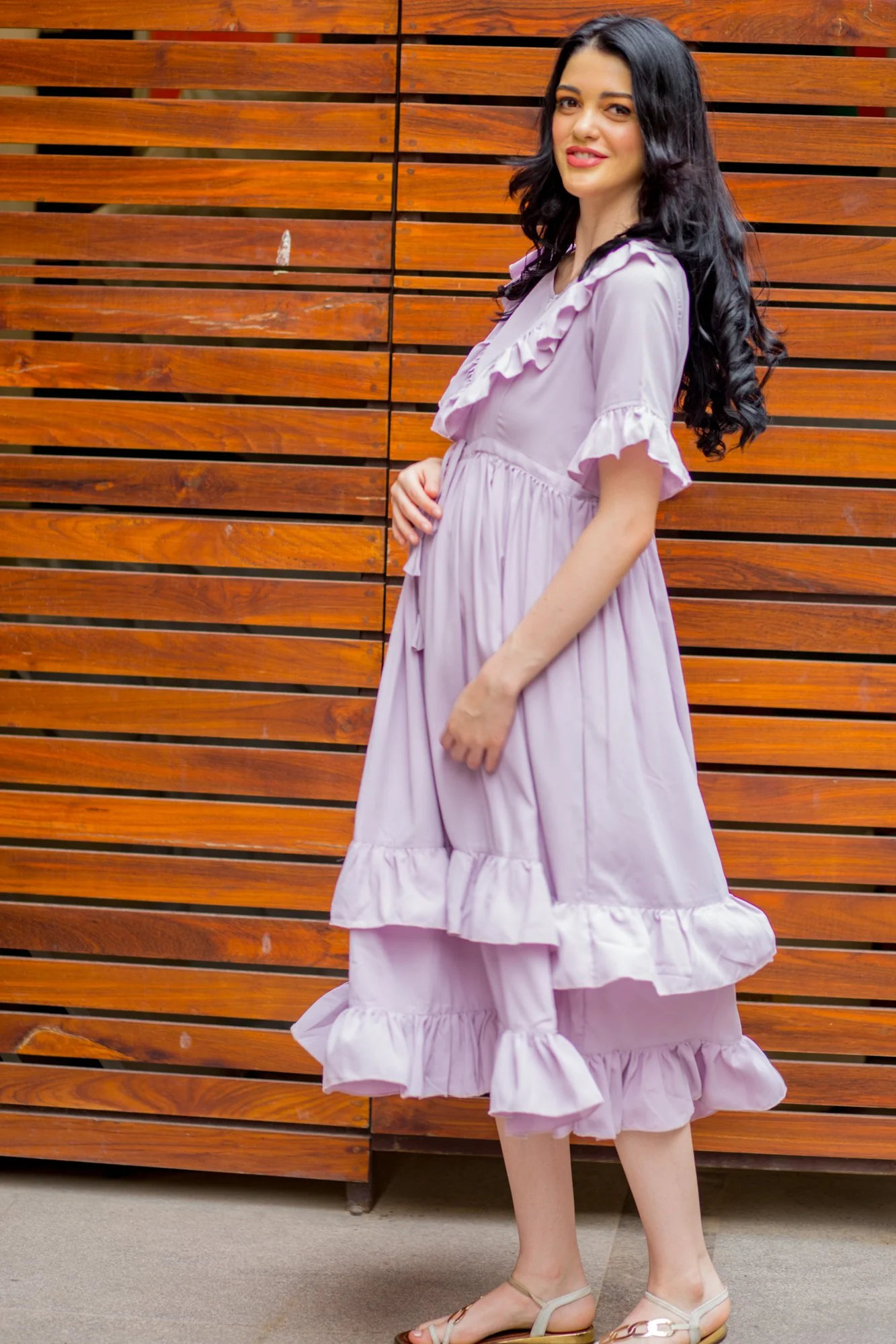 Lavender Front Frill Maternity & Nursing Midi Dress - Chenance