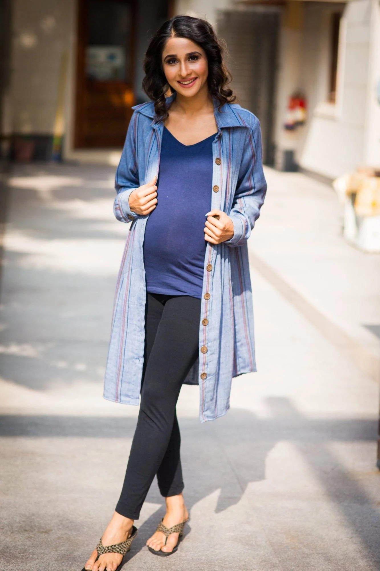 Gathered Denim Stripe Versatile Maternity & Nursing Shirt Dress - Chenance