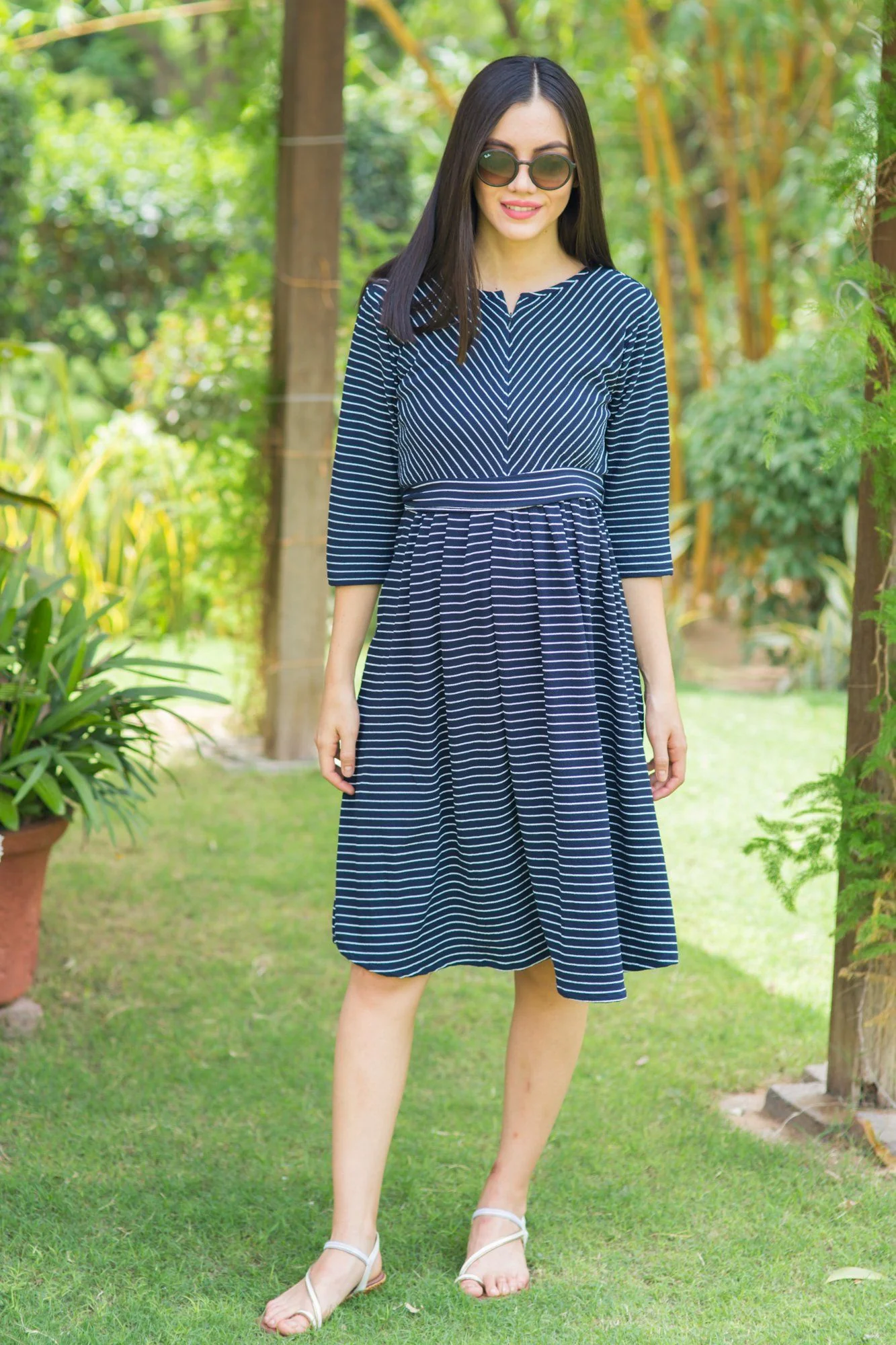 Navy Striped Stretchable Nursing Dress - Chenance