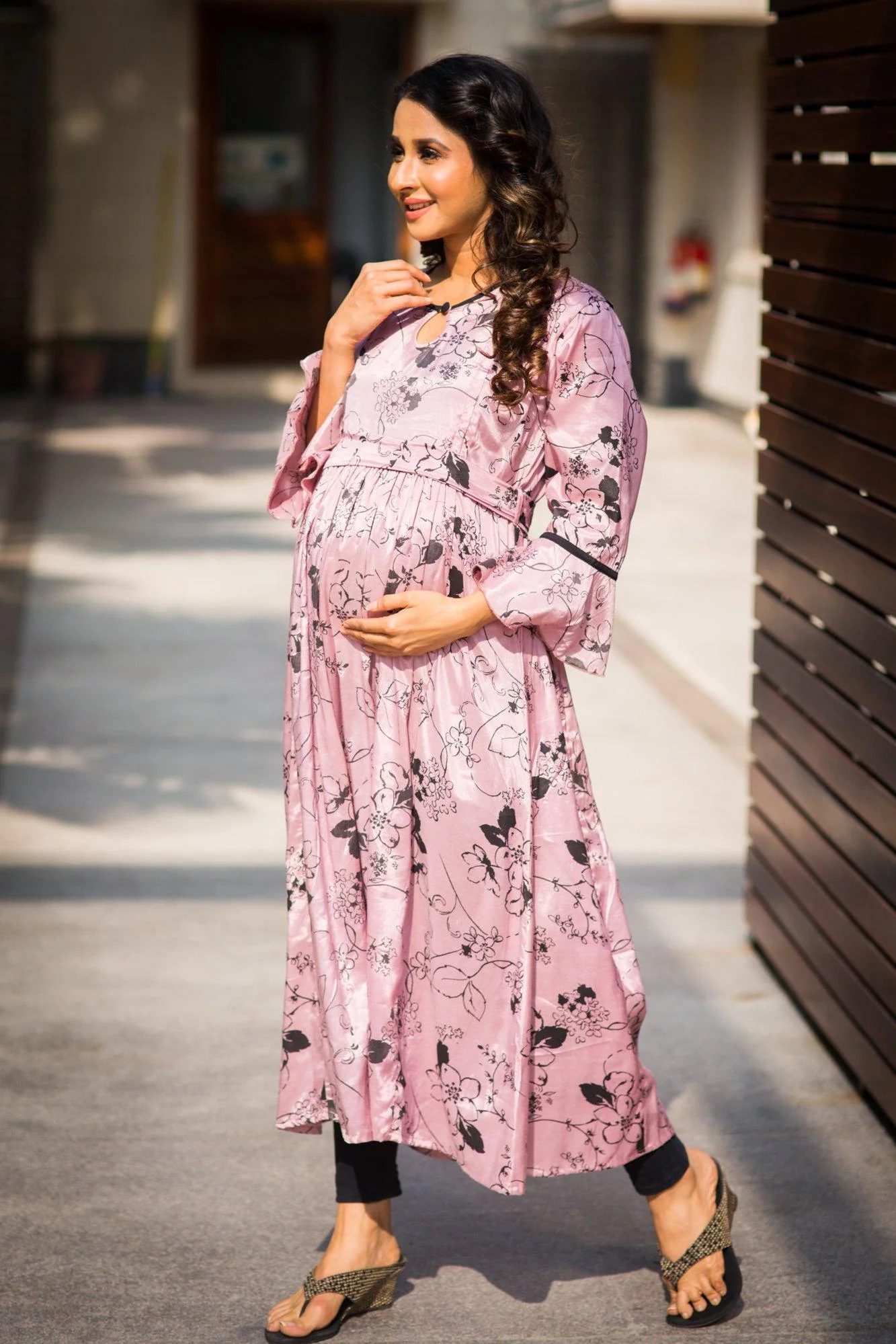 Salmon Pink Concealed Zips Maternity & Nursing Versatile Kurta Dress - Chenance