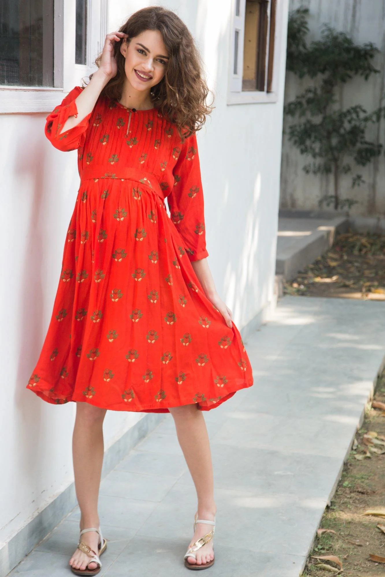 Scarlet Floral Pintucks  Maternity & Nursing Kurta Dress - Chenance