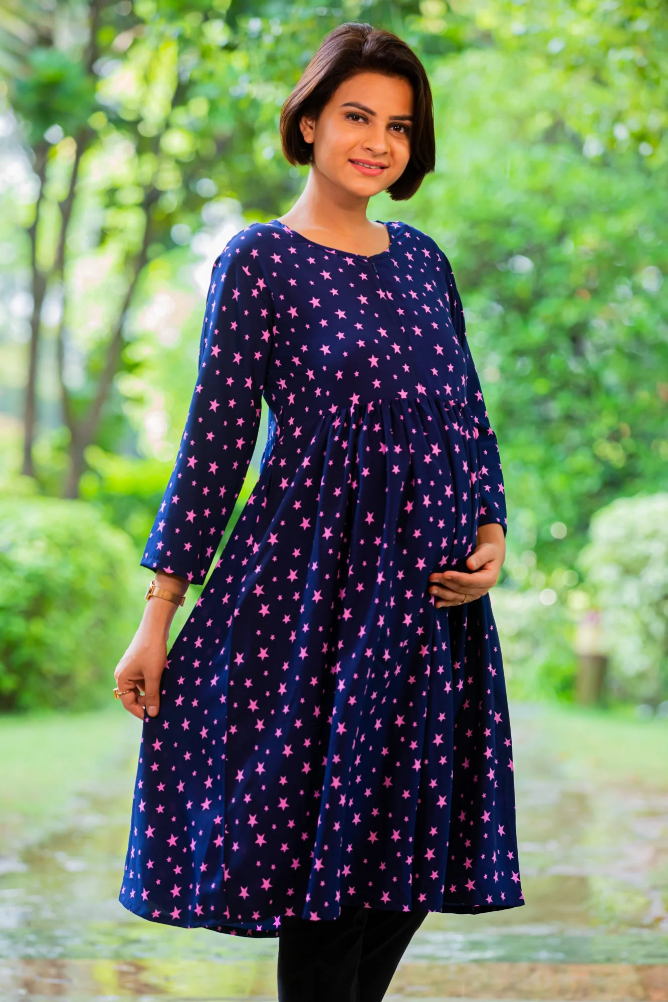 Starry Blue Maternity & Nursing Crepe Swing Dress - Chenance