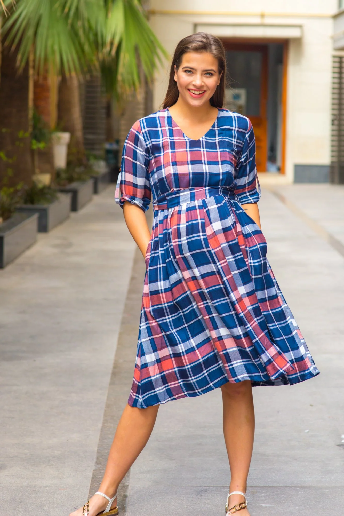Navy Peach Plaid Pintucks Nursing Dress - Chenance